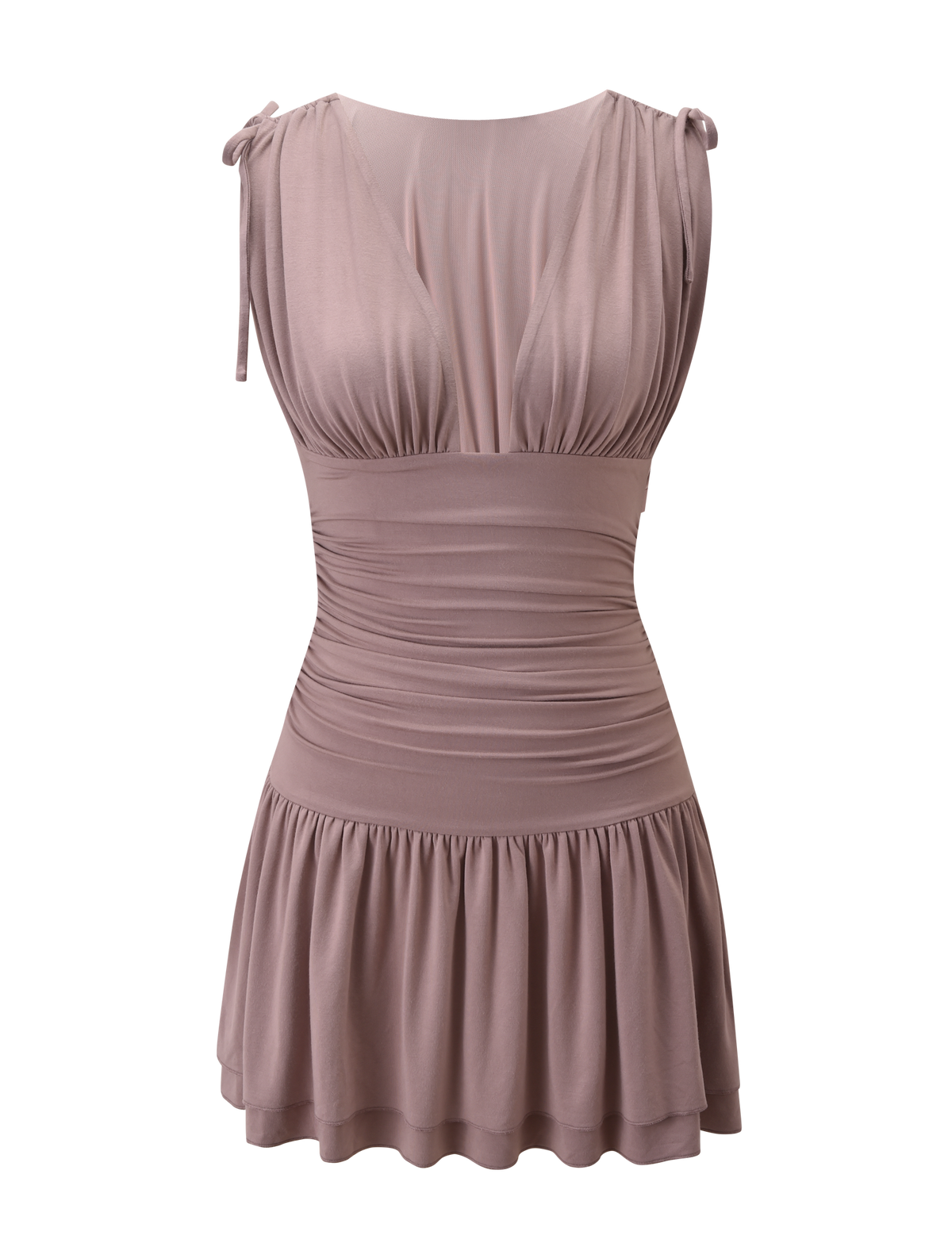 The HALONA MINI DRESS by TIGERMIST is a sleeveless mocha dress with a plunging neckline, ruched waist, gathered bust, tie shoulder straps, and a short flared skirt. Displayed on a plain white background.