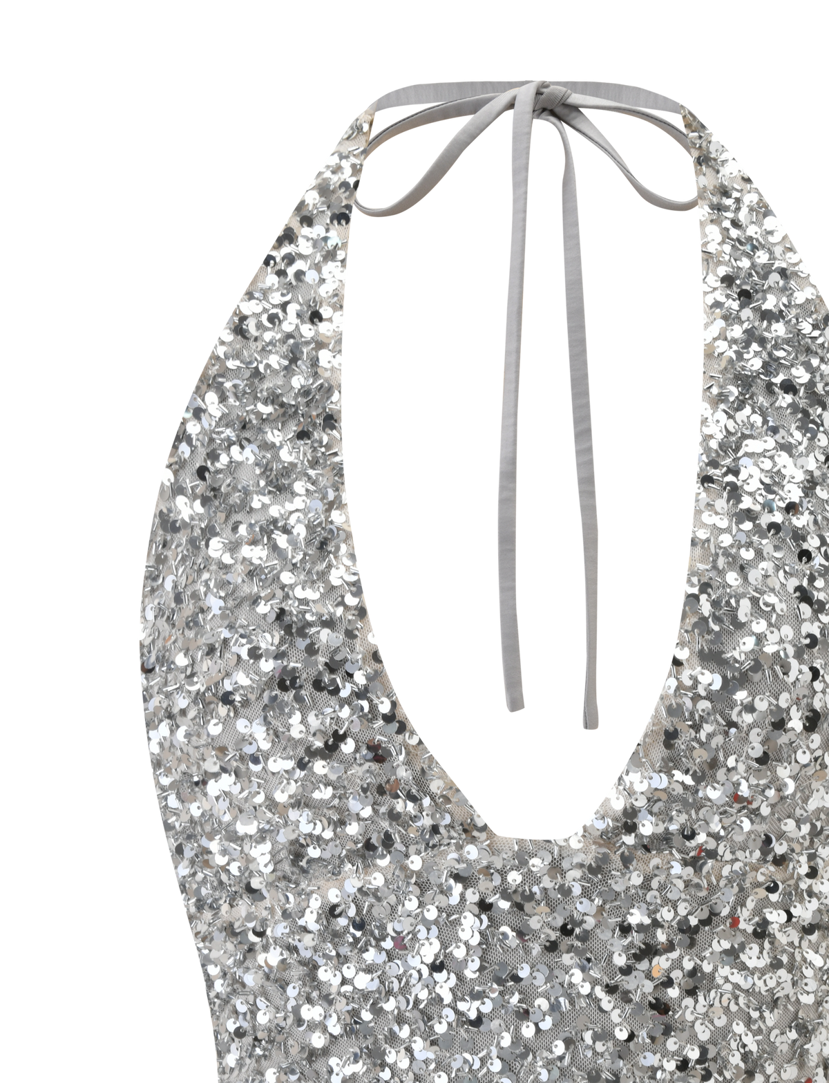 Close-up of the REILYNN TOP - SILVER by TIGERMIST, a sleeveless silver sequin halter with a triangle design, deep neckline, and thin neck-tie straps, displayed on a plain white background.