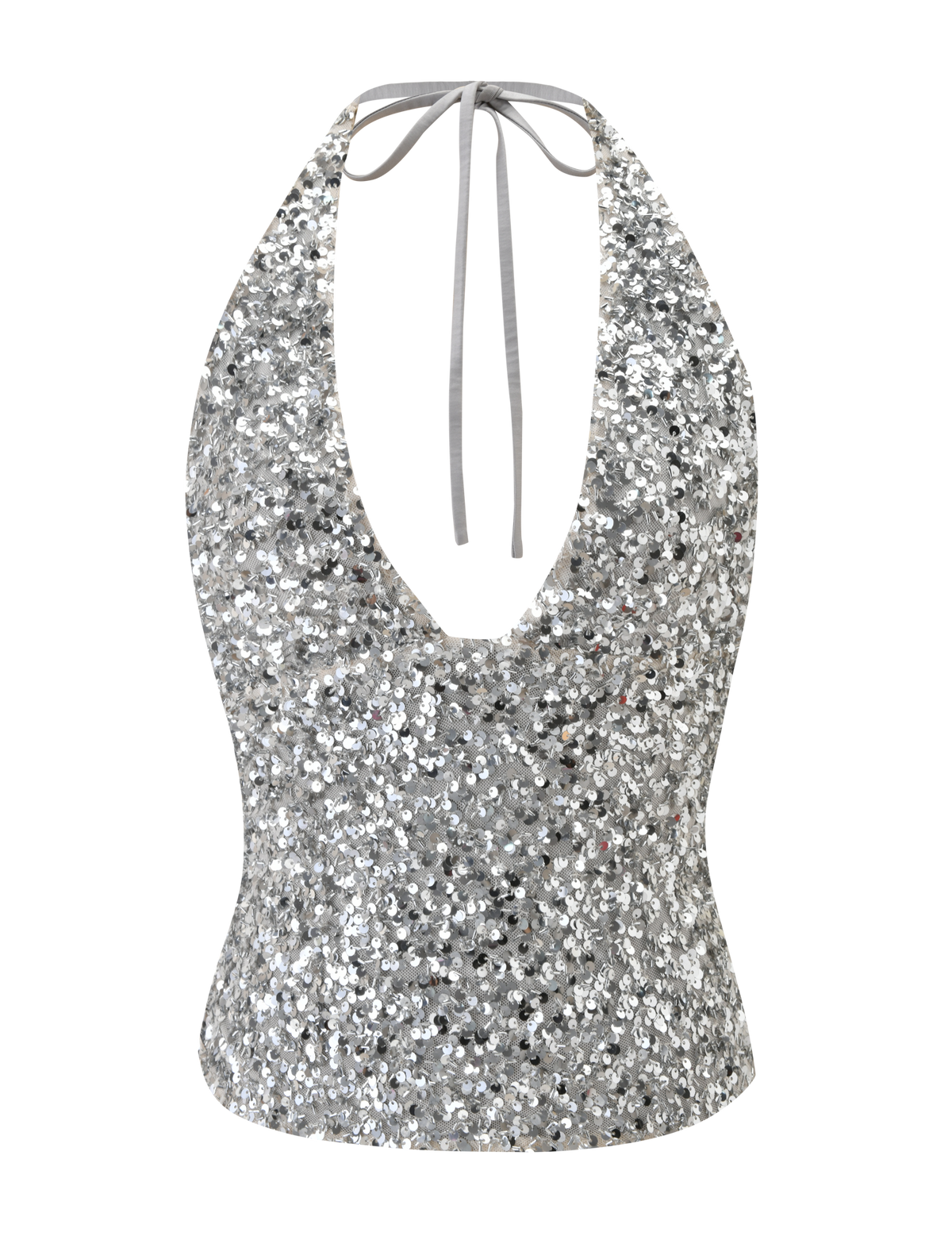The TIGERMIST REILYNN TOP - SILVER is a sparkly halter with silver sequins, a deep V-neckline, and a neck tie, shown against a plain white background.