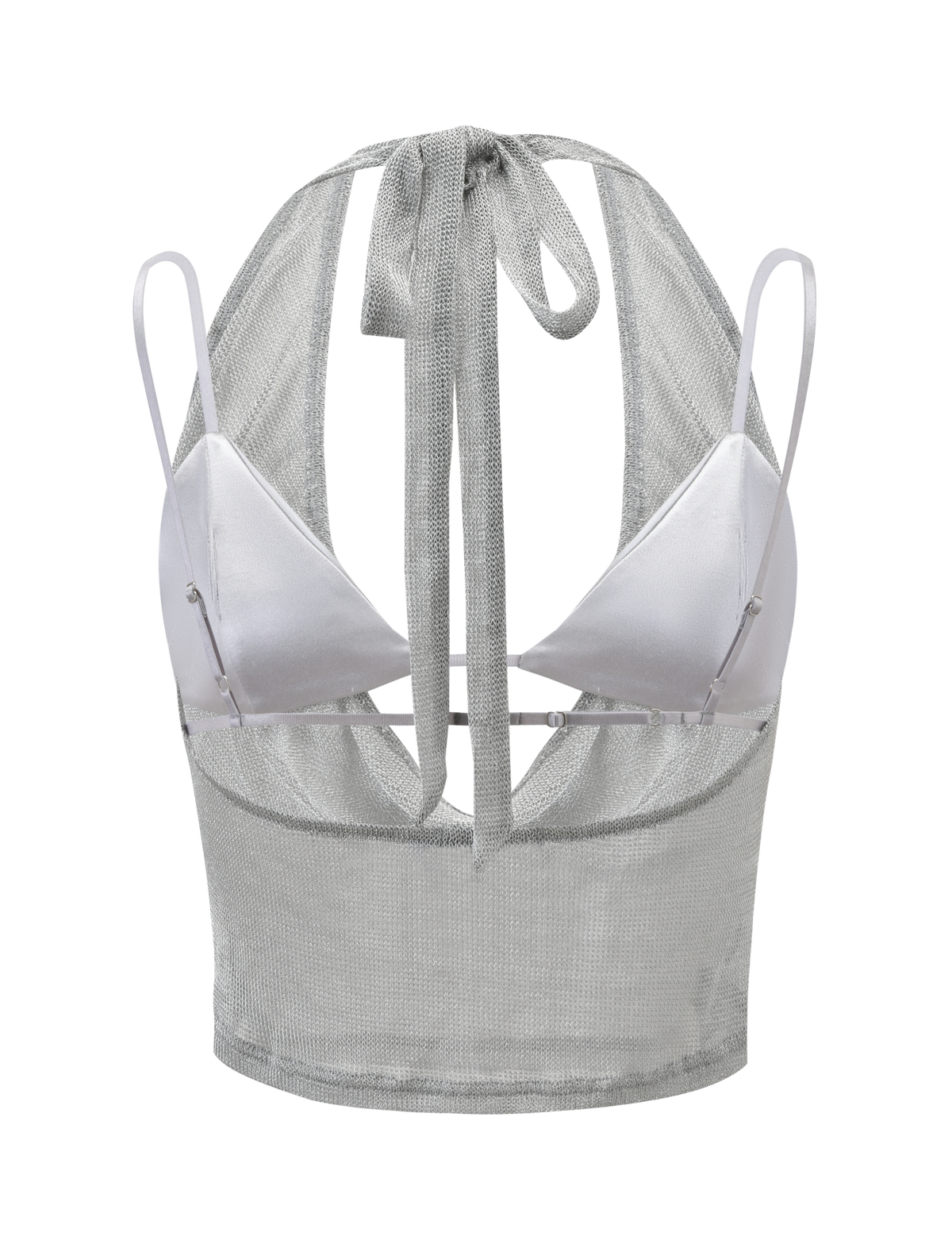 The TIGERMIST MAKENA TWO-PIECE TOP 2.0 - SILVER features a shiny sparkle fabric, mesh back, thin spaghetti straps, large neck bow, and open back design for a statement metallic look.