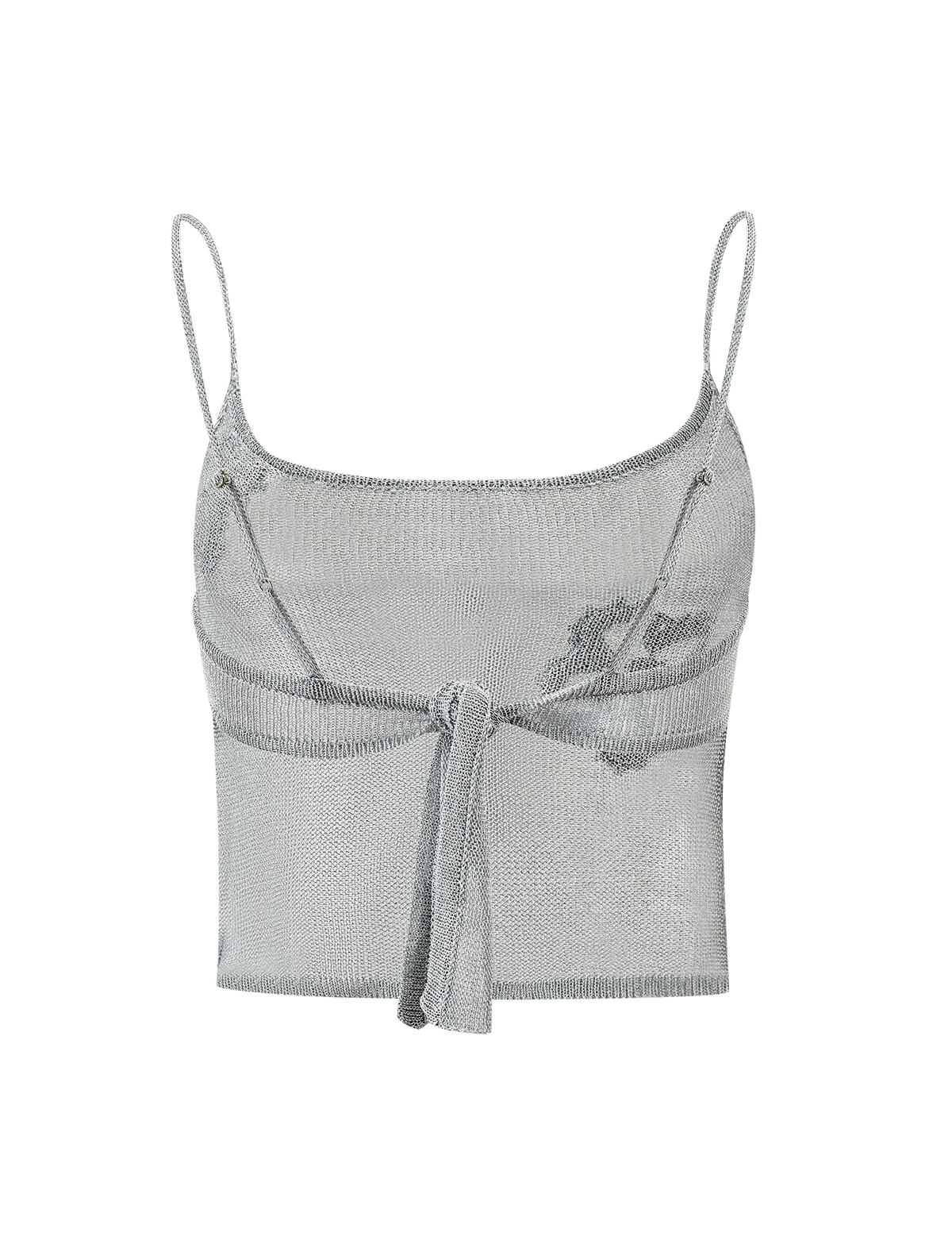 The ISATANA TOP - SILVER by TIGERMIST is a silver metallic knit crop top with thin spaghetti straps, a scooped neckline, and a front tie at the waist, shown on a plain white background.