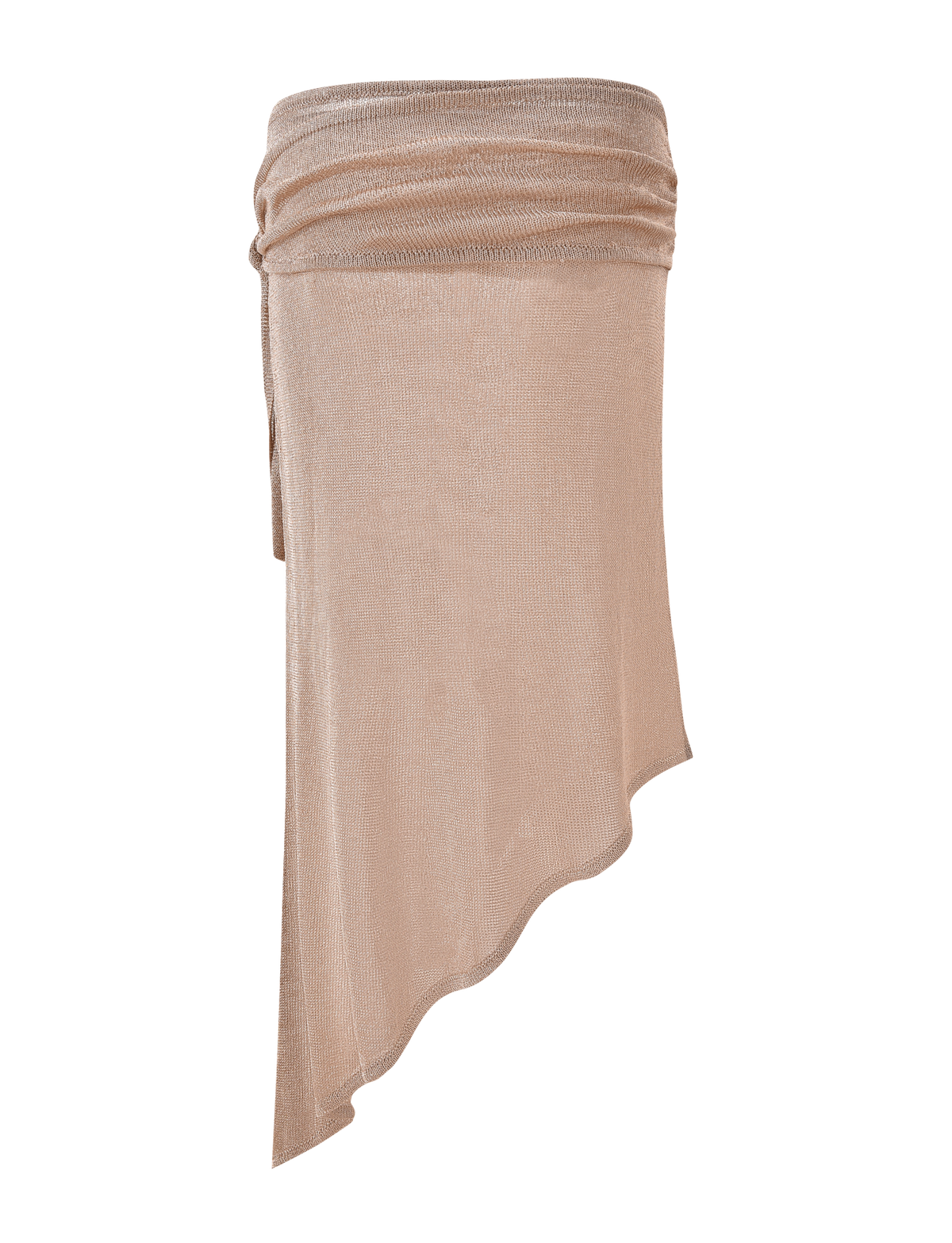 The ISATANA SKIRT - GOLD by TIGERMIST is a beige, semi-sheer skirt featuring an asymmetrical draped hem and ruched waistband, creating an elegant look with one side hanging longer.