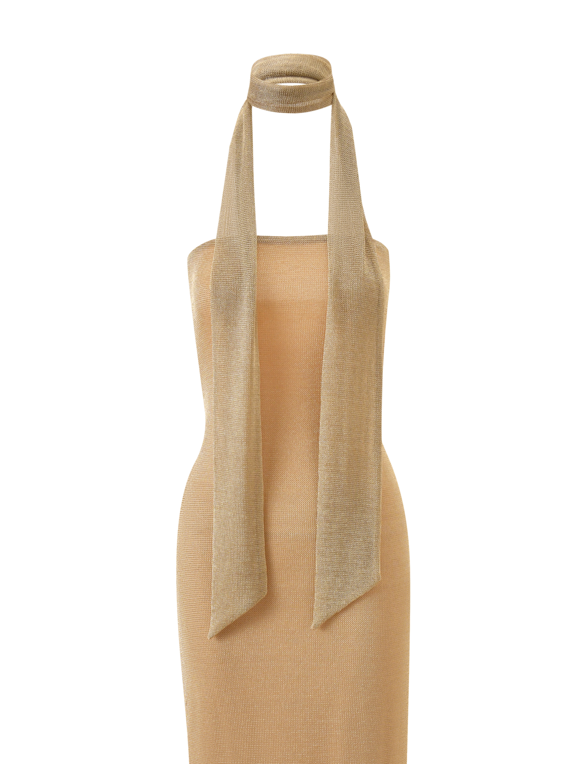 The DANIELA SCARF DRESS 2.0 - GOLD by TIGERMIST is a sleeveless, light gold knit maxi with a square neckline, open back, and matching long scarf draped around the neck, shown on a plain white background.