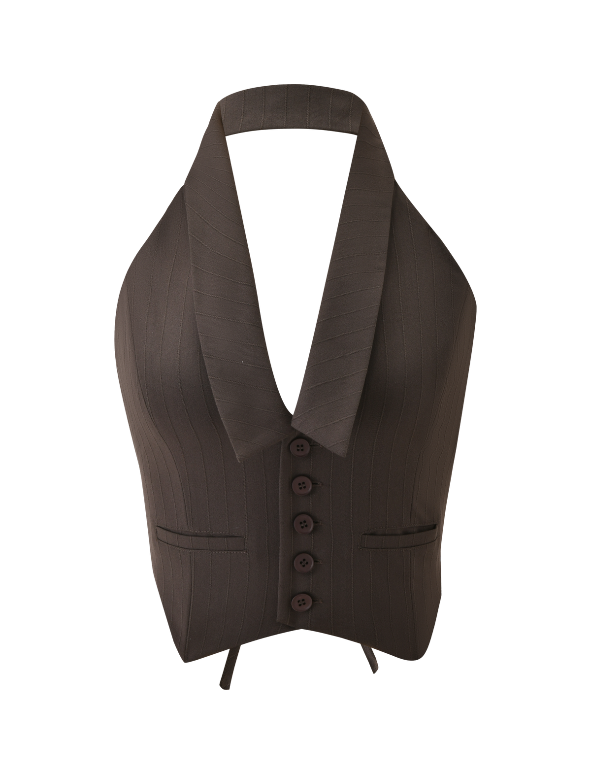 The TIGERMIST FEDRA VEST - CHOCOLATE is a sleeveless halter vest with a deep V-neckline, shawl collar, button front, and two small pockets, shown here against a white background.