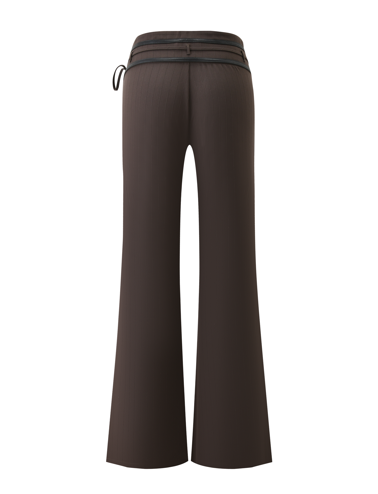 Back view of the TIGERMIST FEDRA PANT - CHOCOLATE, a high-waisted, tailored suit pant with subtle vertical pinstripes and a black belt detail at the waistband, shown on a white background.