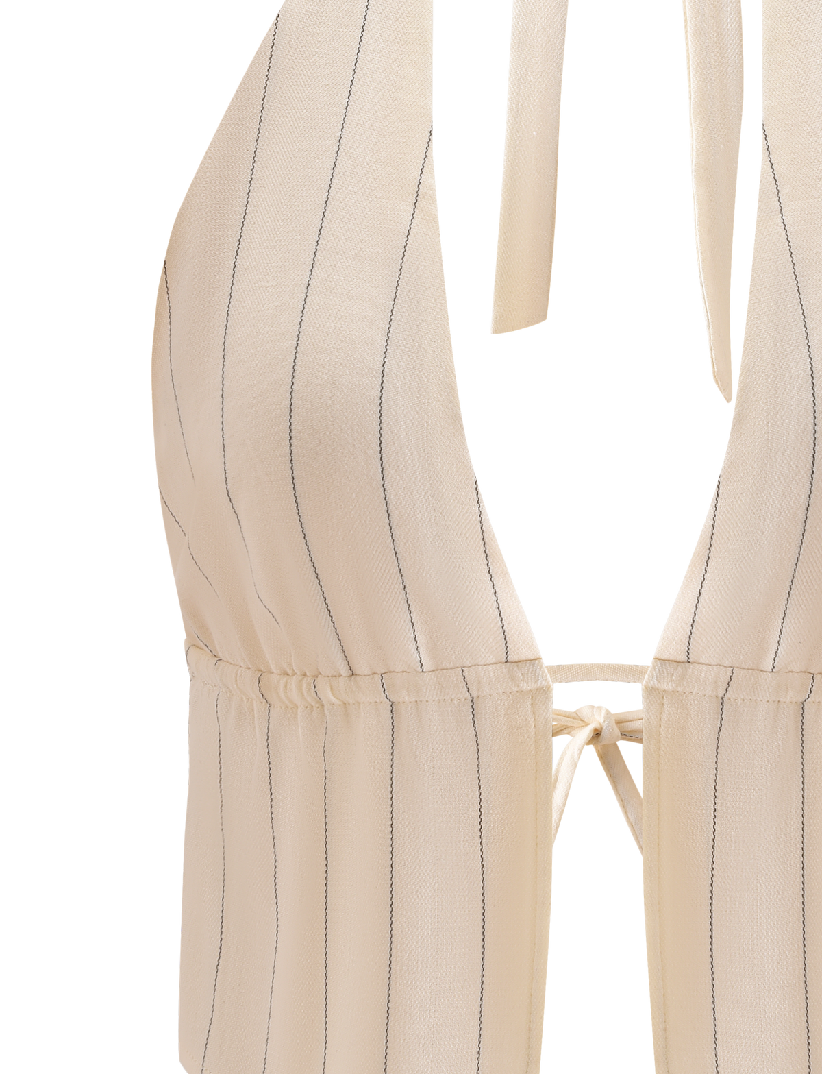 Close-up of the LAINEY TOP - BEIGE STRIPE by TIGERMIST, an open back halter with adjustable ties, thin vertical black stripes on cream fabric, a tie closure at the back, and a light textured look.