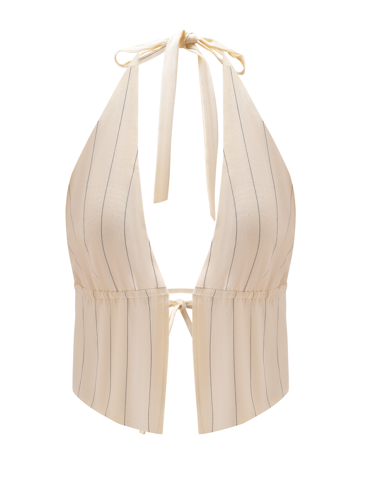 The LAINEY TOP - BEIGE STRIPE by TIGERMIST is a lightweight linen halter with thin vertical stripes, a deep V-neck, open back, and adjustable ties at the neck and waist for a relaxed fit.