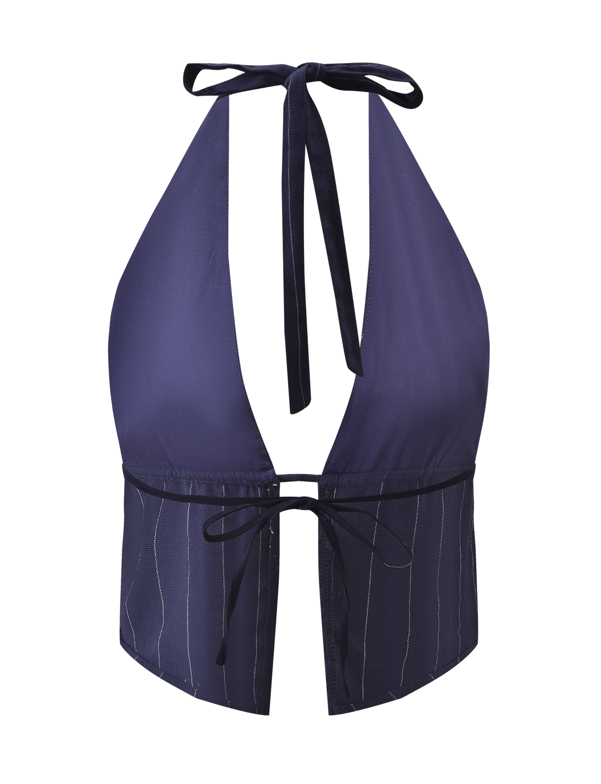 The LAINEY TOP - NAVY PINSTRIPE by TIGERMIST is a navy halter neck crop top with an adjustable halter, deep V neckline, front tie closure, and subtle navy pinstripe linen on the lower half.