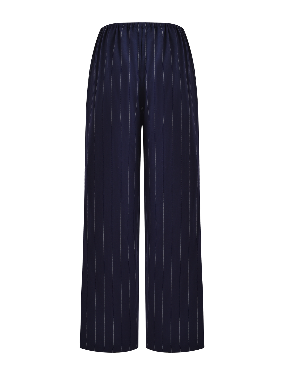 The LAINEY PANT - NAVY PINSTRIPE by TIGERMIST features navy blue wide-leg linen with vertical white pinstripes and an elasticated waist, shown against a plain white background.