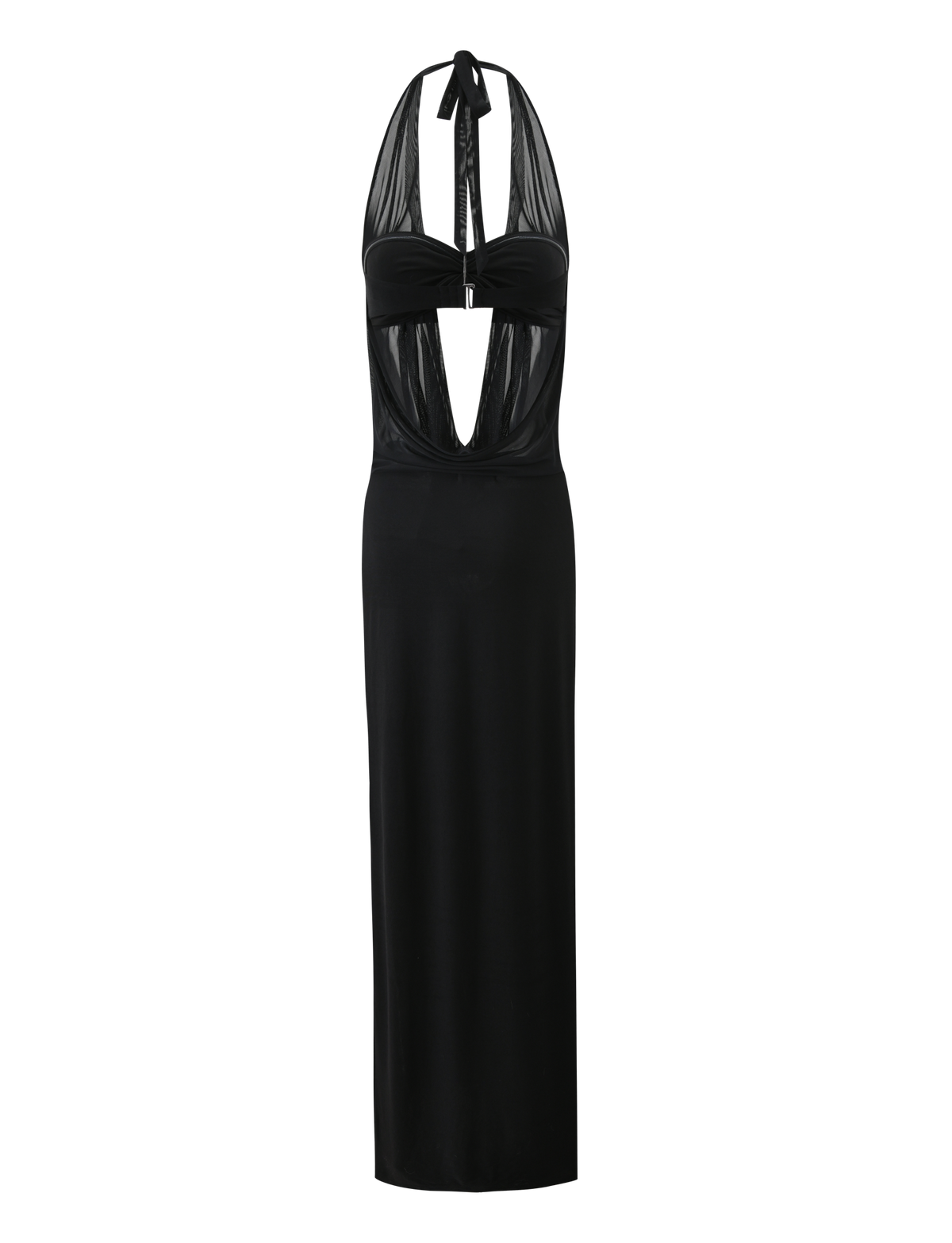 The MAKENA TWO-PIECE MAXI DRESS by TIGERMIST is a black, sleeveless, floor-length dress featuring a halter neck tie, sheer mesh bodice panels, a front cut-out, fitted silhouette, and an open back.