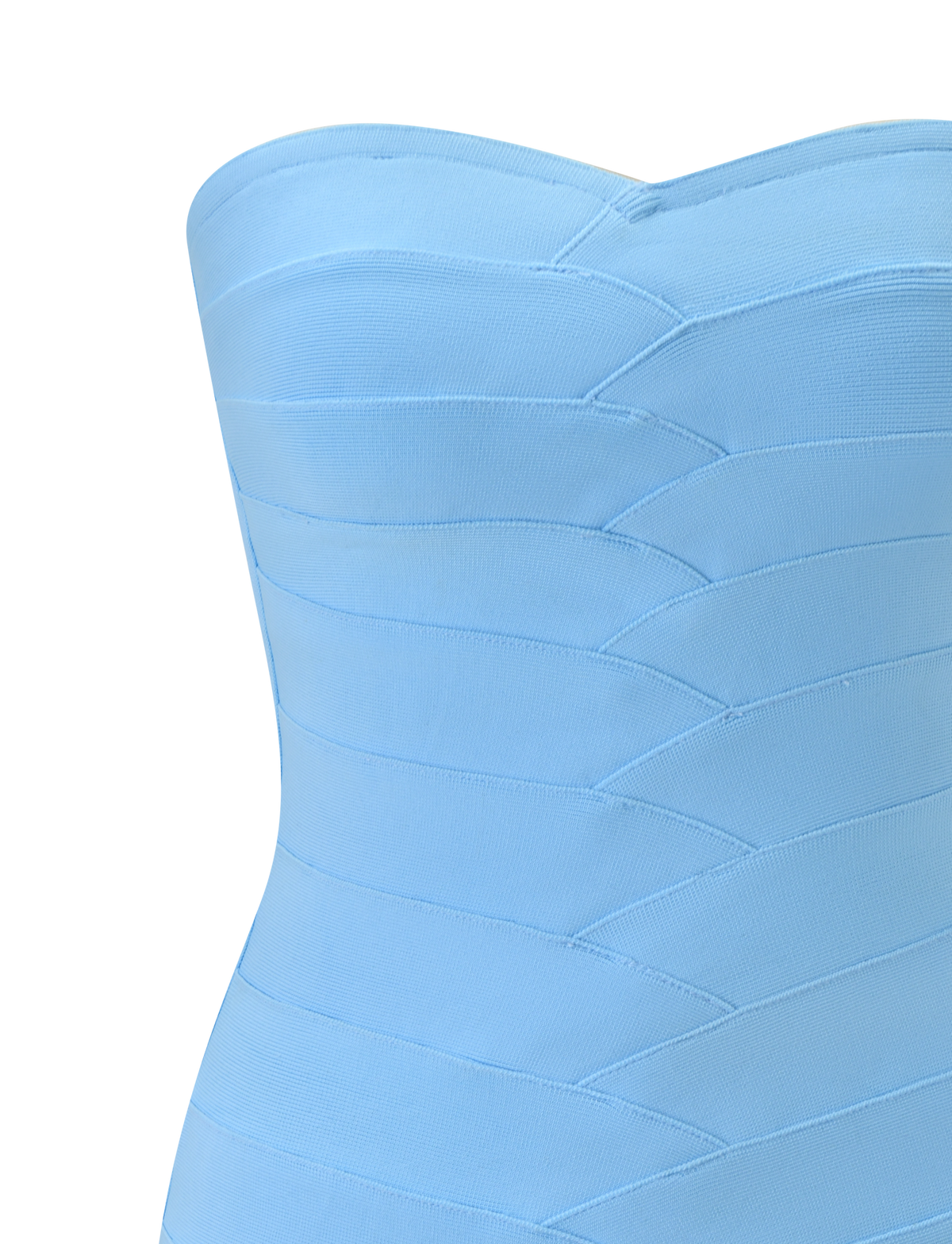 Close-up of the NIYA BANDAGE DRESS by TIGERMIST, featuring a strapless sweetheart neckline and bodycon fit in light blue with panel detailing, shown on the upper torso against a plain white background.