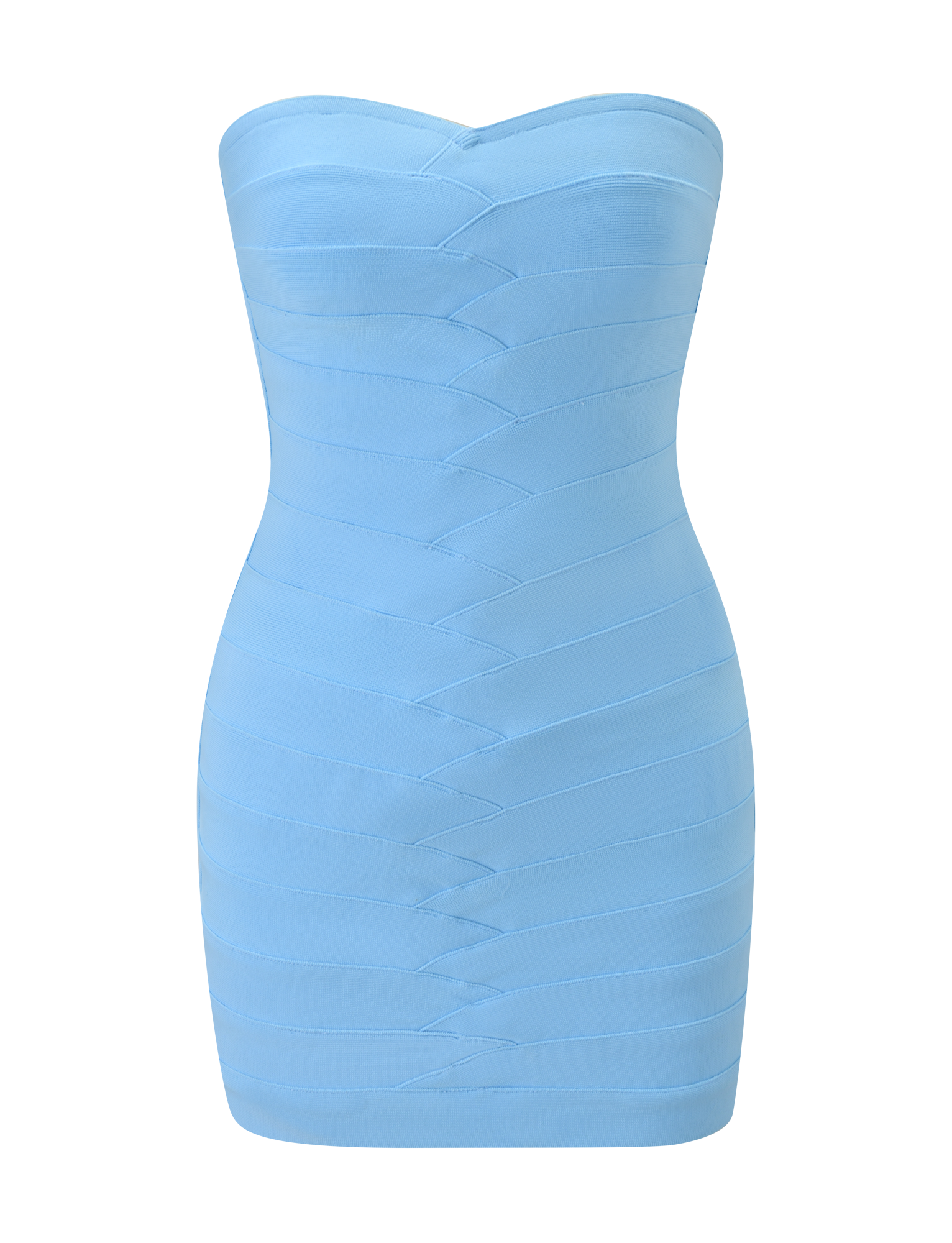 The TIGERMIST NIYA BANDAGE DRESS in blue is a strapless, form-fitting mini dress with horizontal and diagonal seams, a sweetheart neckline, and bandage material, showcased against a plain white background.