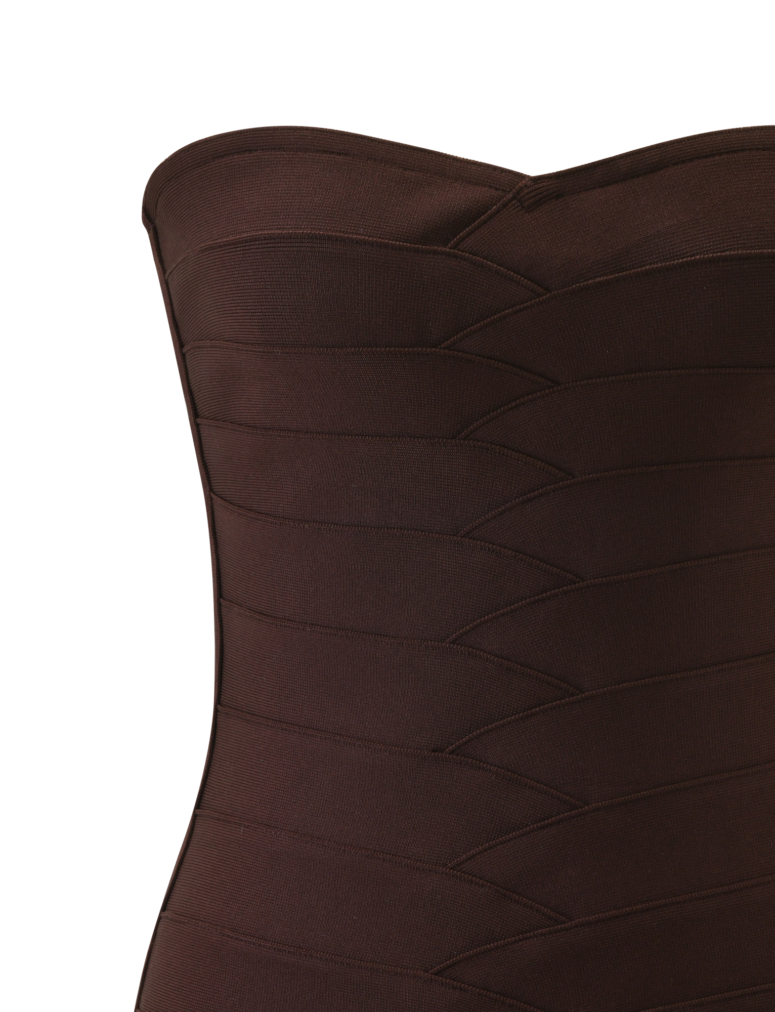 Close-up of the TIGERMIST NIYA BANDAGE DRESS in chocolate, a strapless fitted knit dress with horizontal panels, subtle stitching, and a sweetheart neckline, shown against a plain white background.