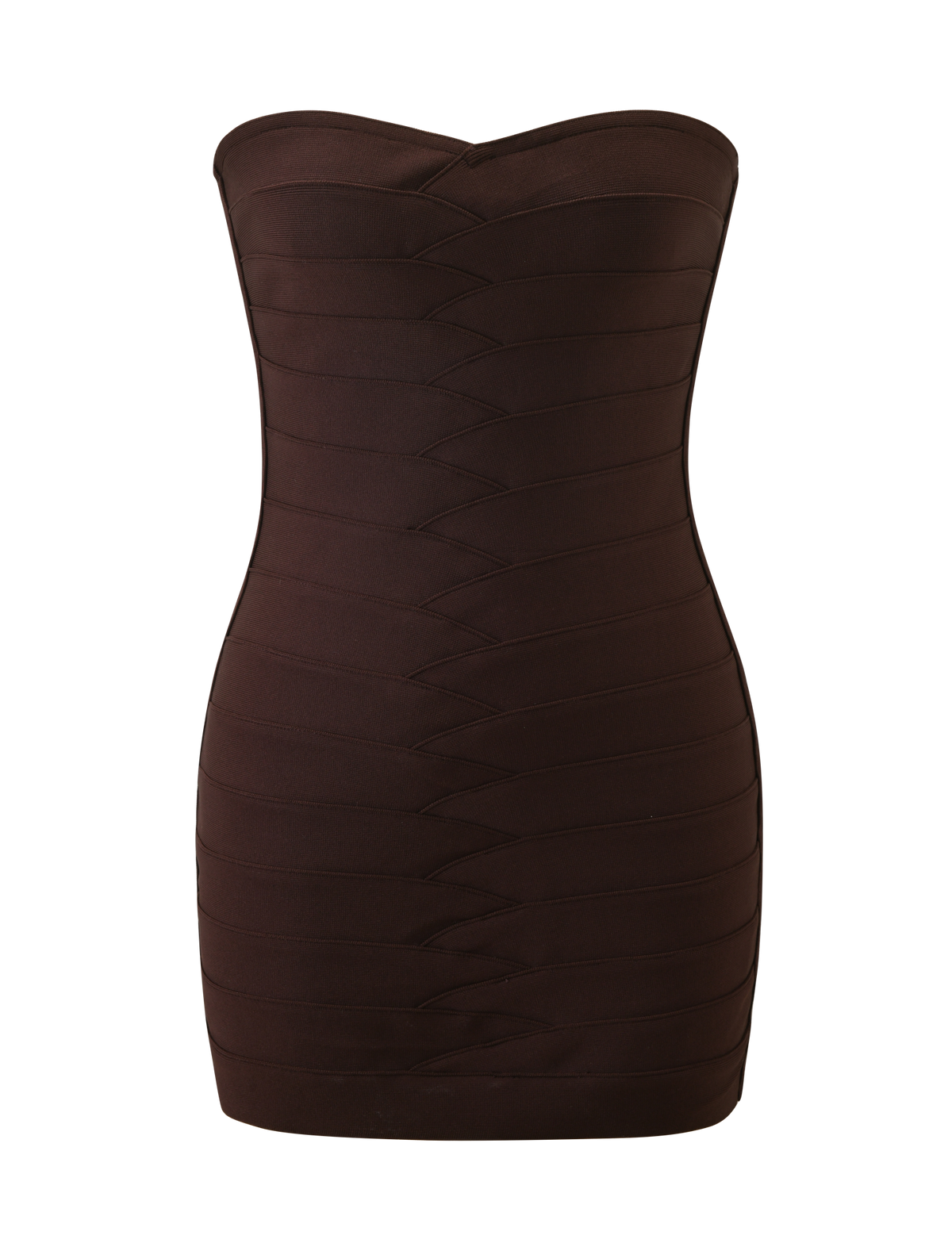 The TIGERMIST NIYA BANDAGE DRESS in Chocolate is a strapless, dark brown bodycon mini dress featuring a fitted silhouette, horizontal panel details, and a flattering sweetheart neckline, shown on a plain white background.
