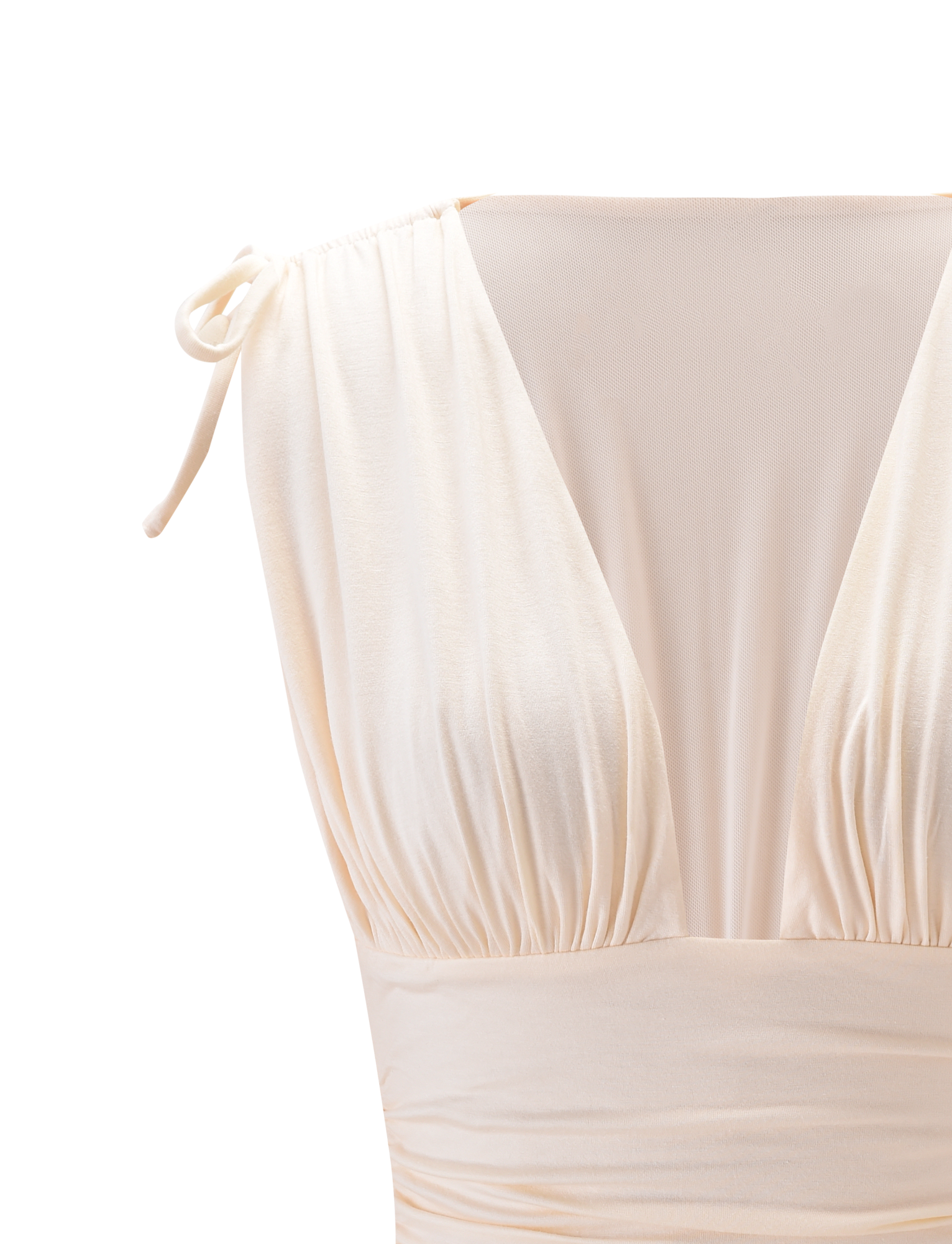 Close-up of the HALONA TOP in cream by TIGERMIST, showcasing a plunging ruched bodice, fitted waist, and adjustable shoulder tie on one side against a plain light background.
