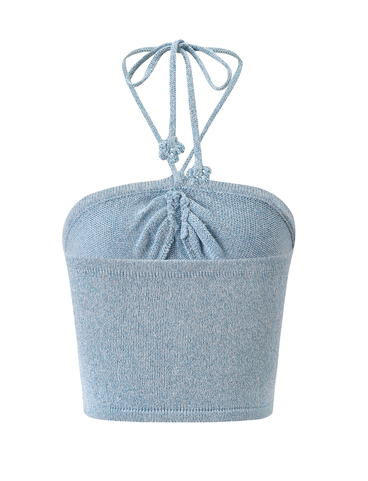 The SUNIA TOP - BLUE by TIGERMIST is a light blue, sleeveless knit halter with a ruched center, thin tie-neck straps, and delicate crocheted rose appliqué, shown on a plain white background.