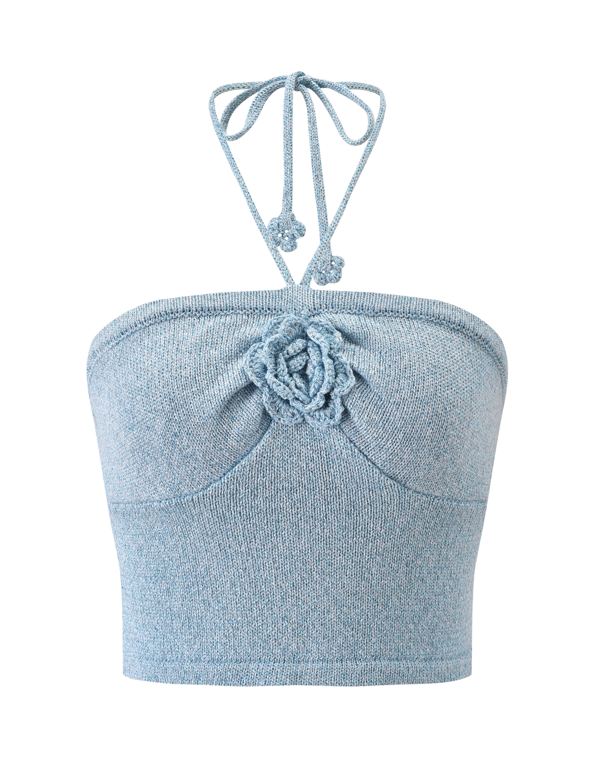 The SUNIA TOP - BLUE by TIGERMIST is a light blue textured knit bandeau with a halter neck tie and a central crocheted rose appliqué. Strapless at the shoulders, this fitted top combines playful charm with standout detail.
