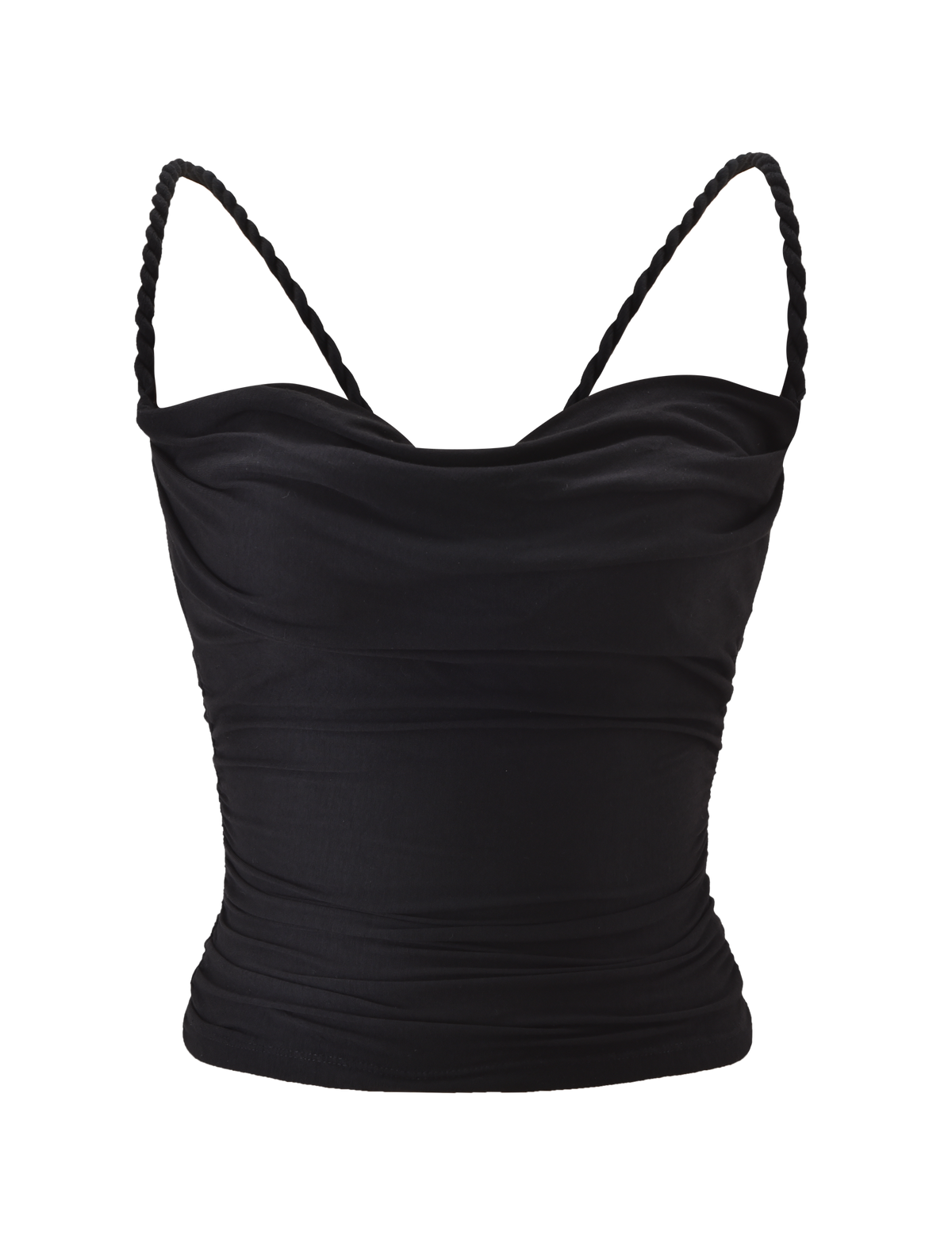 The TIGERMIST LIOLA TOP - BLACK is a sleeveless crop top with a chic cowl neckline, ruched detailing, and thin braided rope straps, shown against a plain white background.