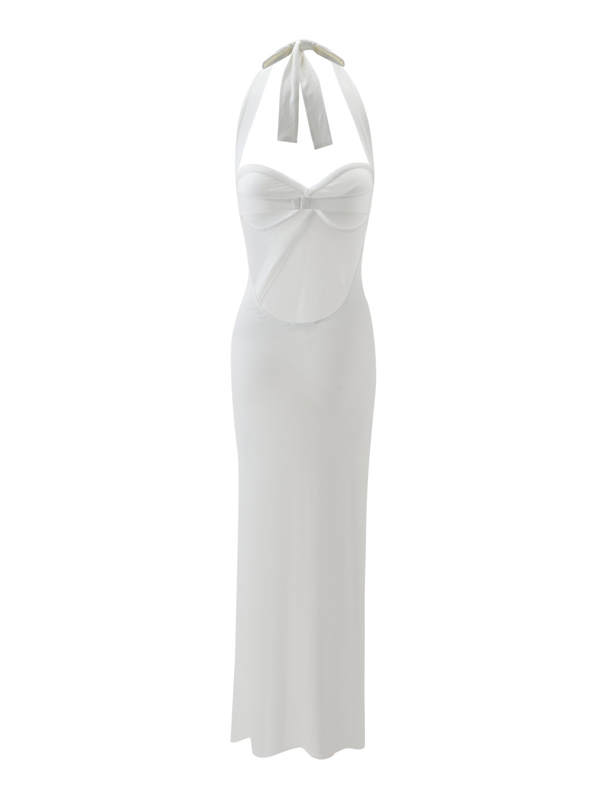 The DAPHNIA DRESS - IVORY by TIGERMIST is a white maxi with a sweetheart neckline, adjustable halter tie, fitted bodice and front twist detail. Its sleek silhouette delivers minimalist style for any occasion.