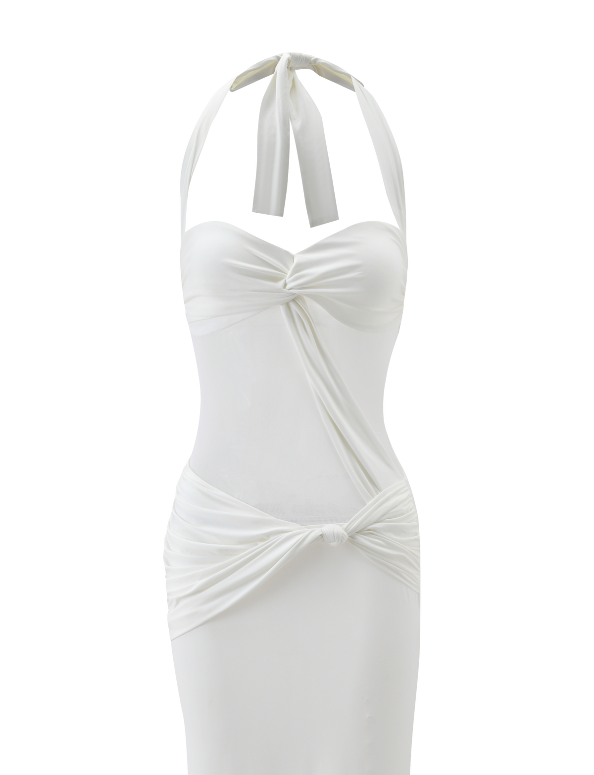 The DAPHNIA DRESS - IVORY by TIGERMIST is a white maxi dress with an adjustable halter neck, sweetheart neckline, twisted front detail, and a gathered waist with central knot, shown on a plain white background.