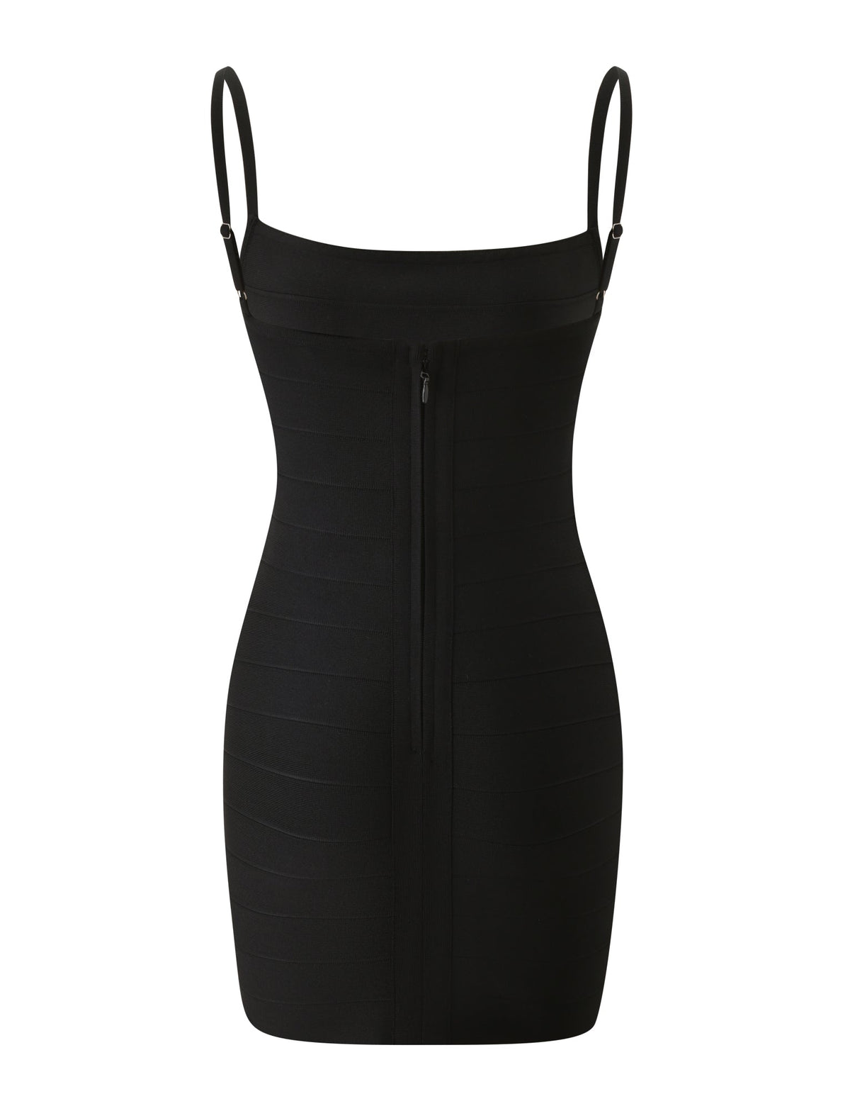 Black MIDORI BANDAGE MINI DRESS featuring thin spaghetti straps and a center back zipper closure.