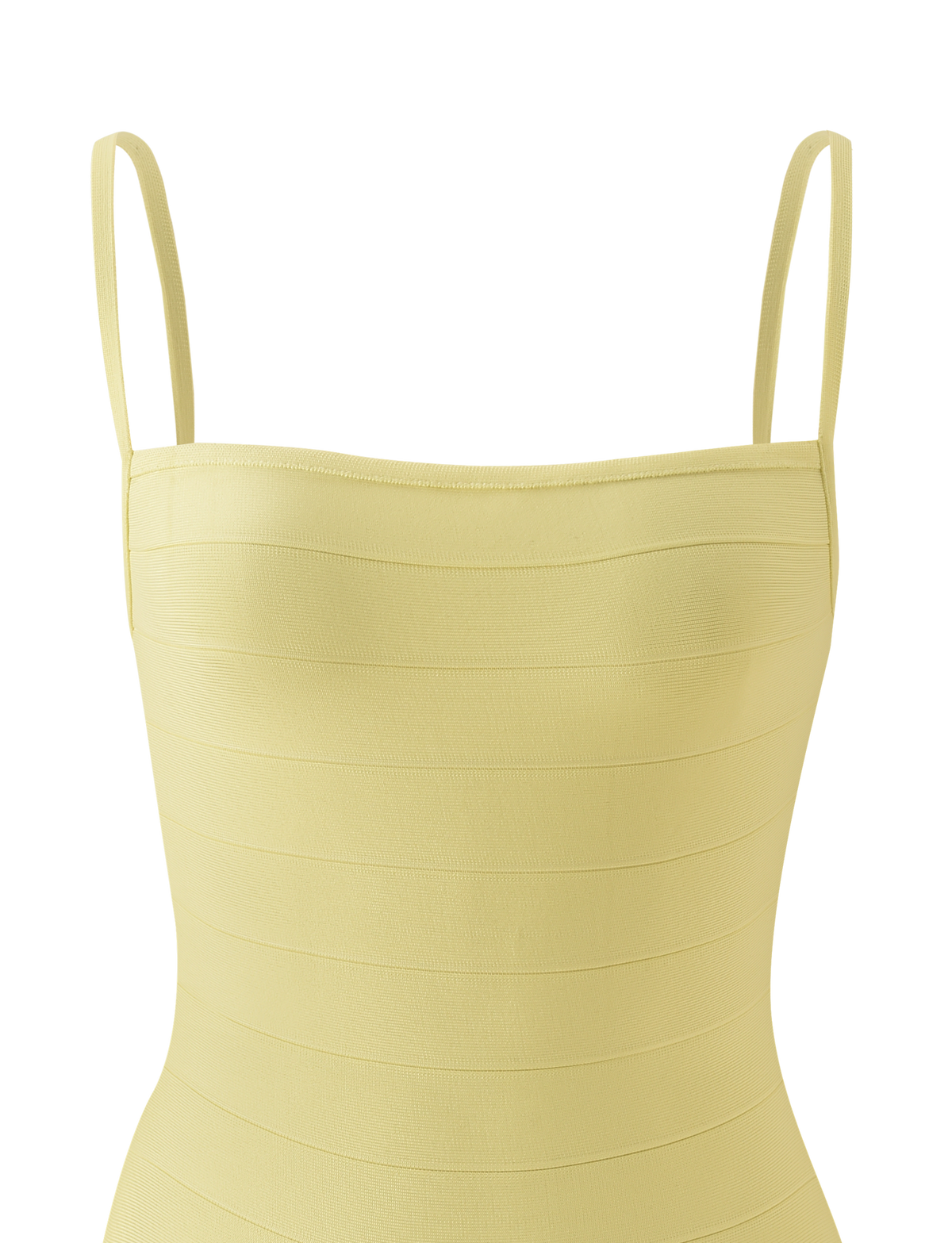 A close-up of the TIGERMIST MIDORI BANDAGE MINI DRESS in yellow, featuring a sleeveless, bodycon silhouette with thin straps and horizontal paneling, displayed on a plain white background.