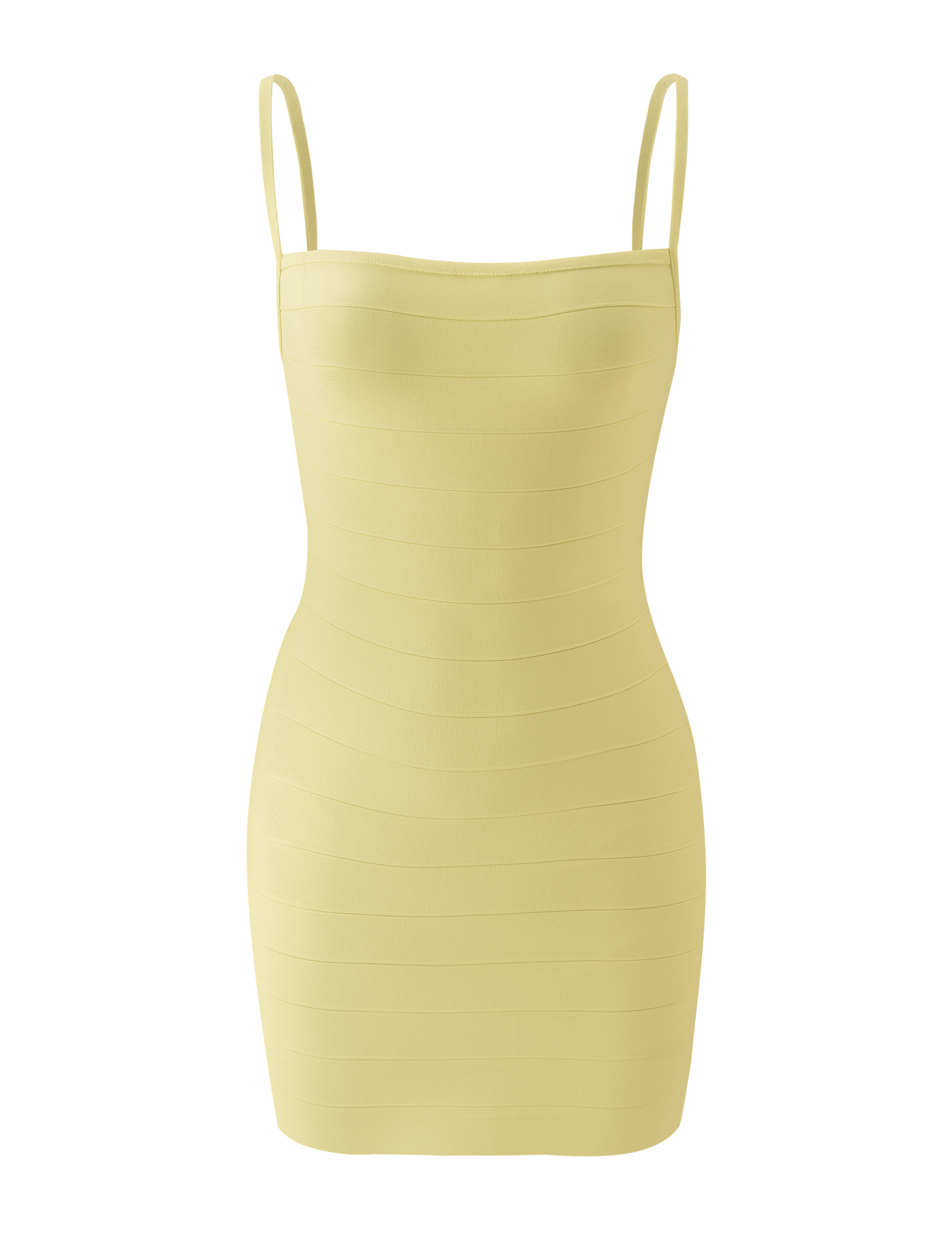 The MIDORI BANDAGE MINI DRESS - YELLOW by TIGERMIST is a light yellow, sleeveless bodycon mini dress featuring thin spaghetti straps and a fitted bandage-style design. Displayed on a plain white background, this chic dress effortlessly hugs your curves for a sleek and modern look.