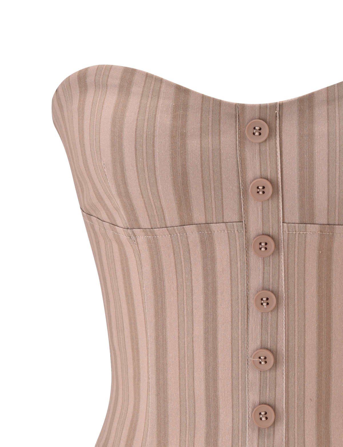 The KITTIE STRAPLESS CORSET by TIGERMIST features a taupe stripe design in stretch suiting fabric, with a strapless cut and six matching buttons down the front.