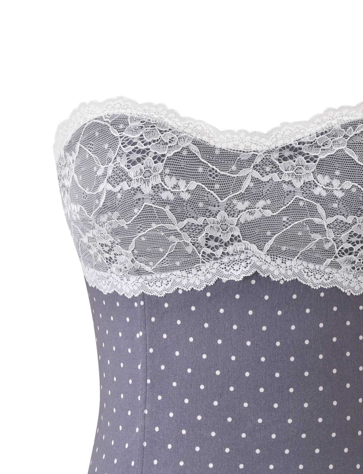 Close-up of the TIGERMIST KITTIE LACE CORSET - GREY DOT, featuring a gray strapless design with white polka dots and delicate white lace trim along the sweetheart neckline.