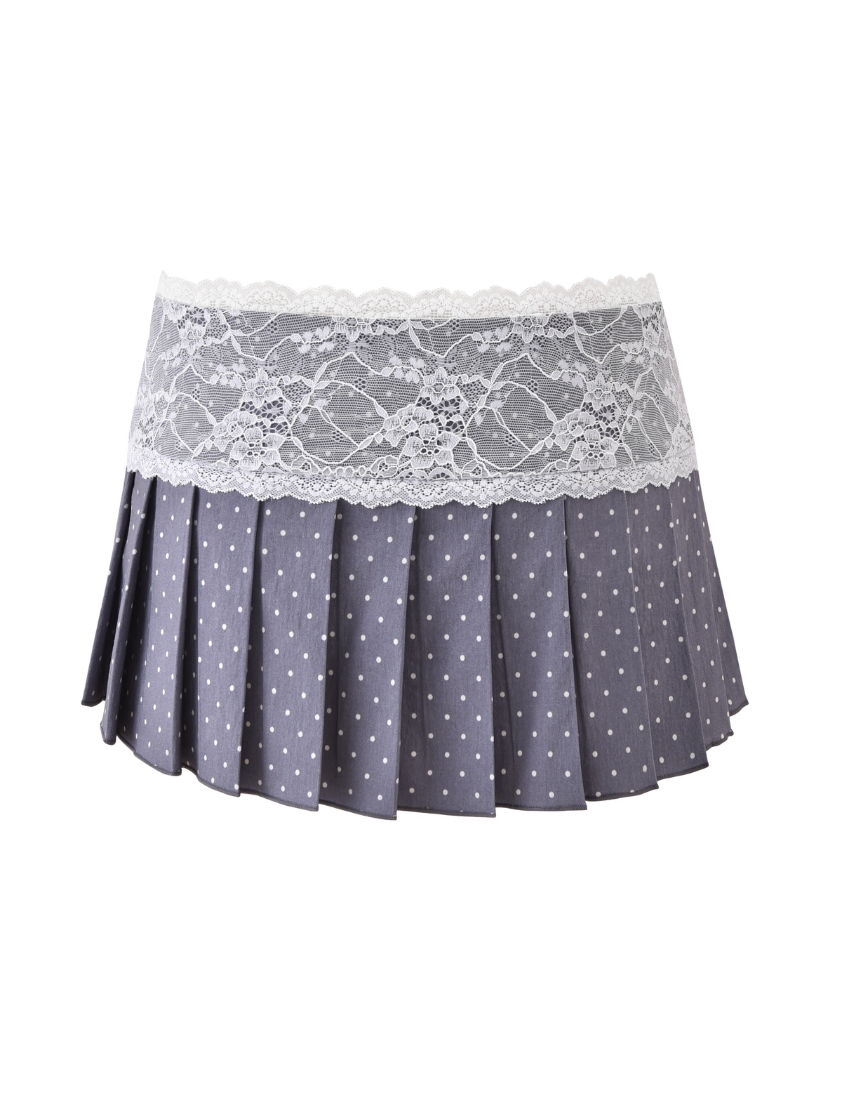 The TIGERMIST KITTIE LACE SKORT - GREY DOT is a gray stretch suiting pleated mini skort with a polka dot print and a wide white lace waistband, shown against a plain white background.