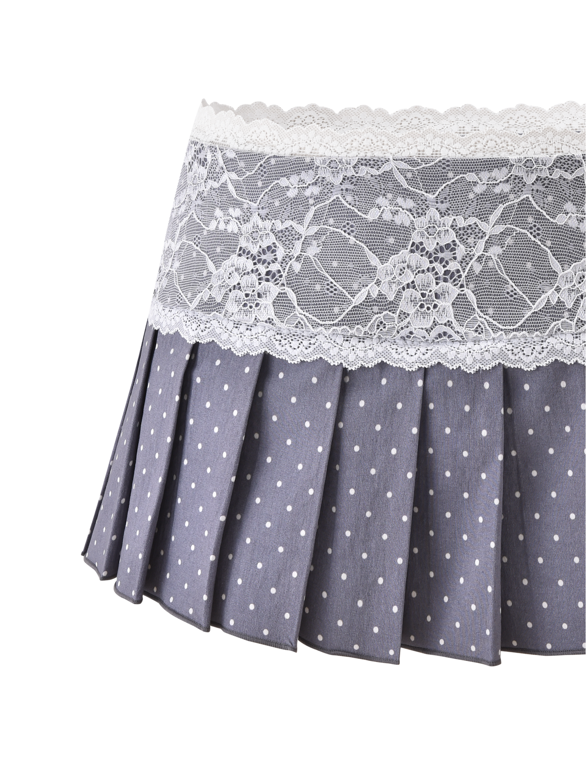 The KITTIE LACE SKORT - GREY DOT by TIGERMIST is a grey pleated mini skort with a playful white polka dot print and a wide, decorative white lace trim on the waistband.