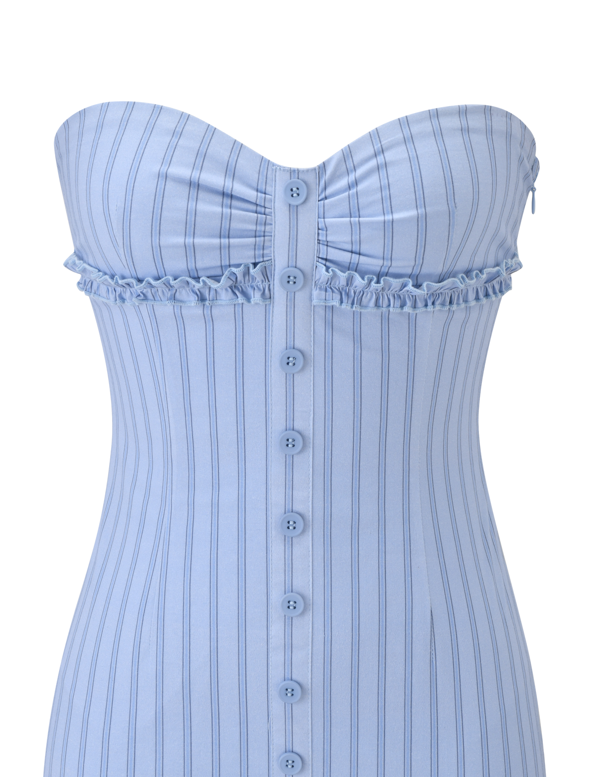 The KITTIE STRAPLESS DRESS - BLUE STRIPE by TIGERMIST features a light blue striped design, sweetheart neckline, vertical white stripes, front button closure, and a ruffle detail under the bust.