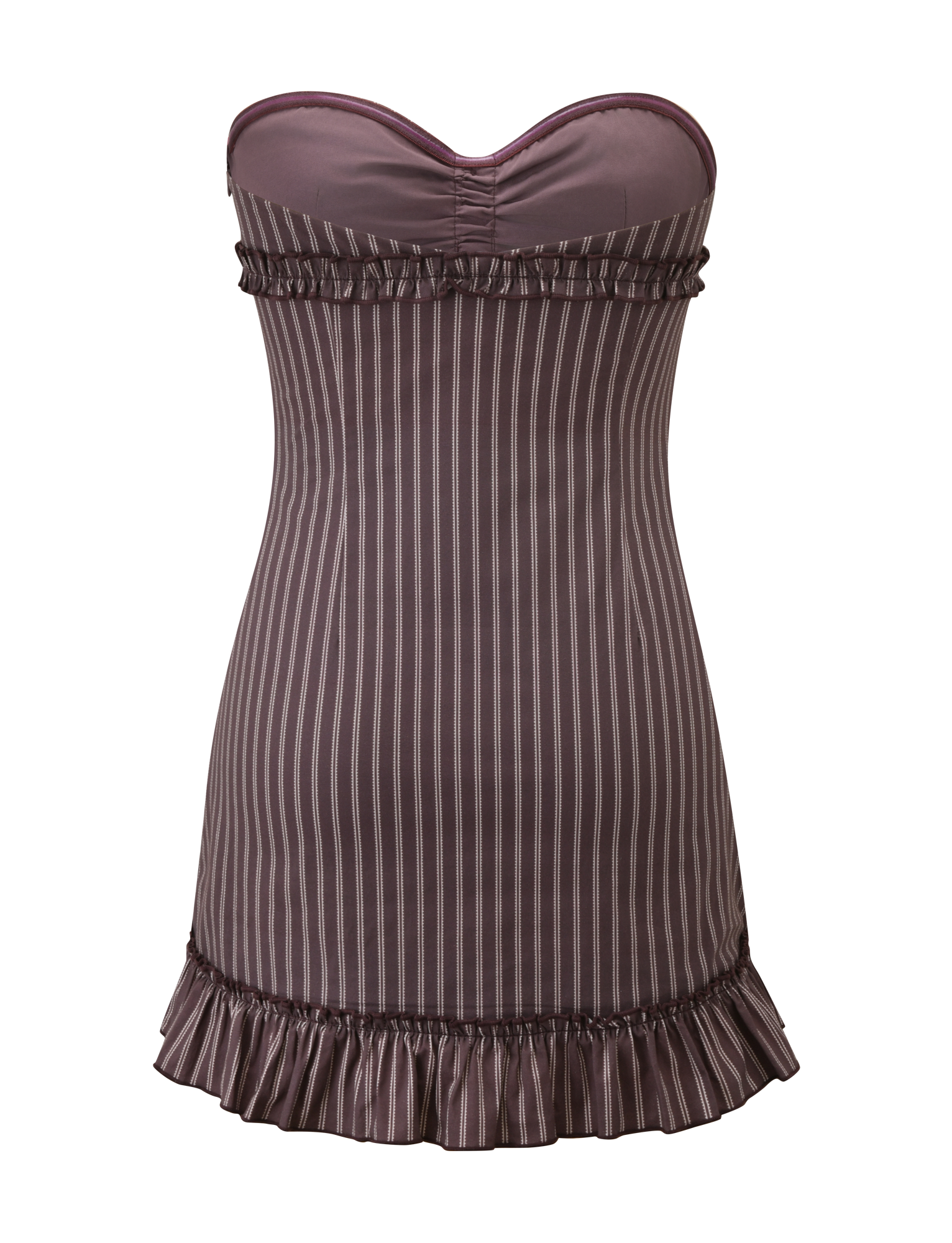 The KITTIE STRAPLESS DRESS by TIGERMIST features brown and cream vertical stripes, a sweetheart neckline, ruffle trim at the top and bottom hems, and a subtle sheen. Displayed on a plain white background.