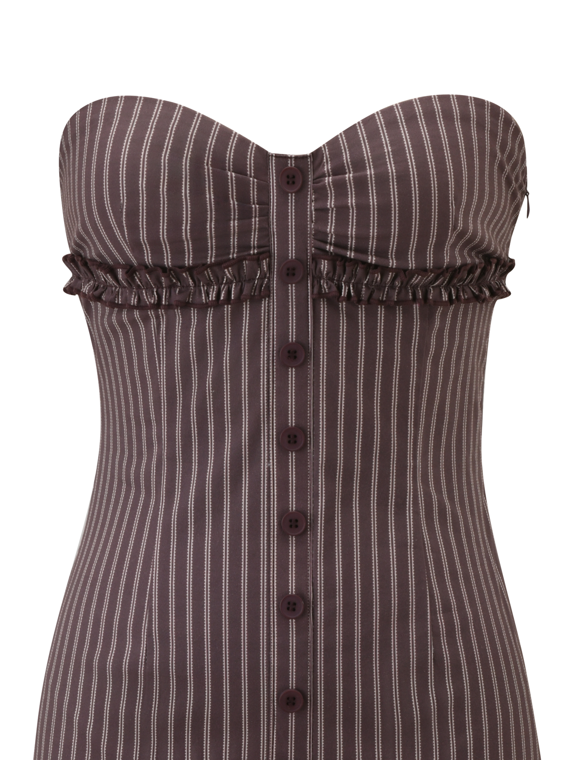 The KITTIE STRAPLESS DRESS by TIGERMIST features brown and cream vertical stripes, a sweetheart neckline, front button closure, ruffled trim under the bust, and a fitted, structured silhouette for a chic look.