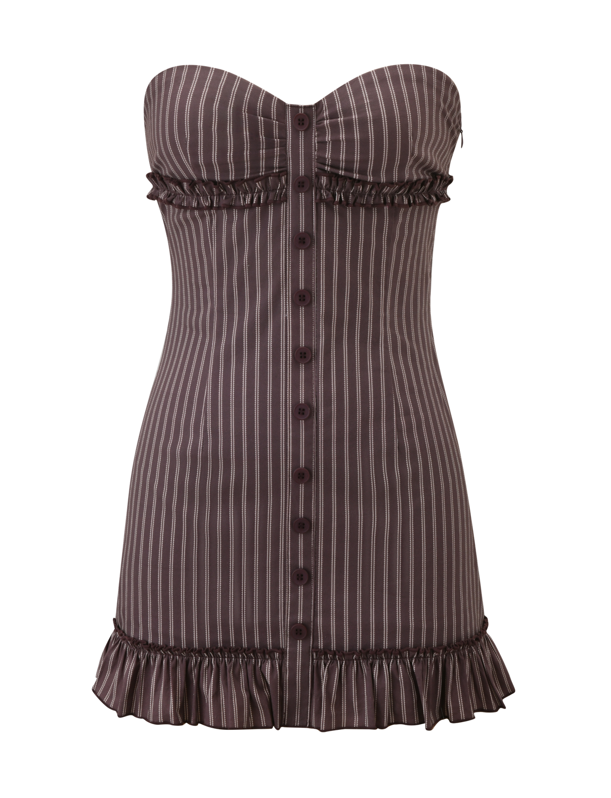 The KITTIE STRAPLESS DRESS by TIGERMIST features brown and cream stripes, a sweetheart neckline, button-down front, ruffled trim, and a fitted silhouette—an eye-catching mini dress for any occasion.