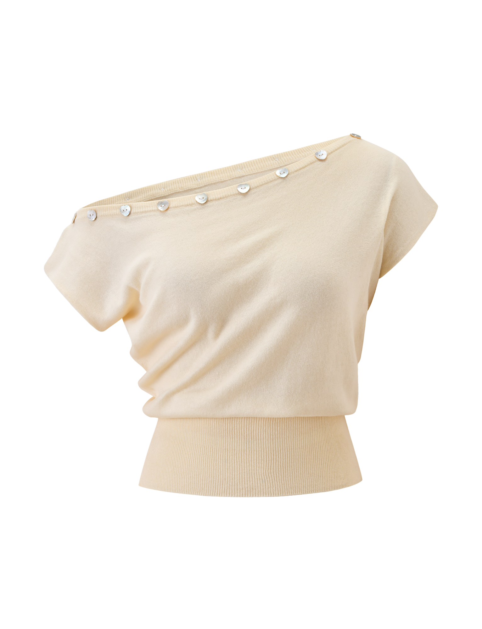 The TYLA SLEEVELESS KNIT TOP by TIGERMIST in cream features an off-shoulder design, ribbed waistband, and heart button accents along the neckline.