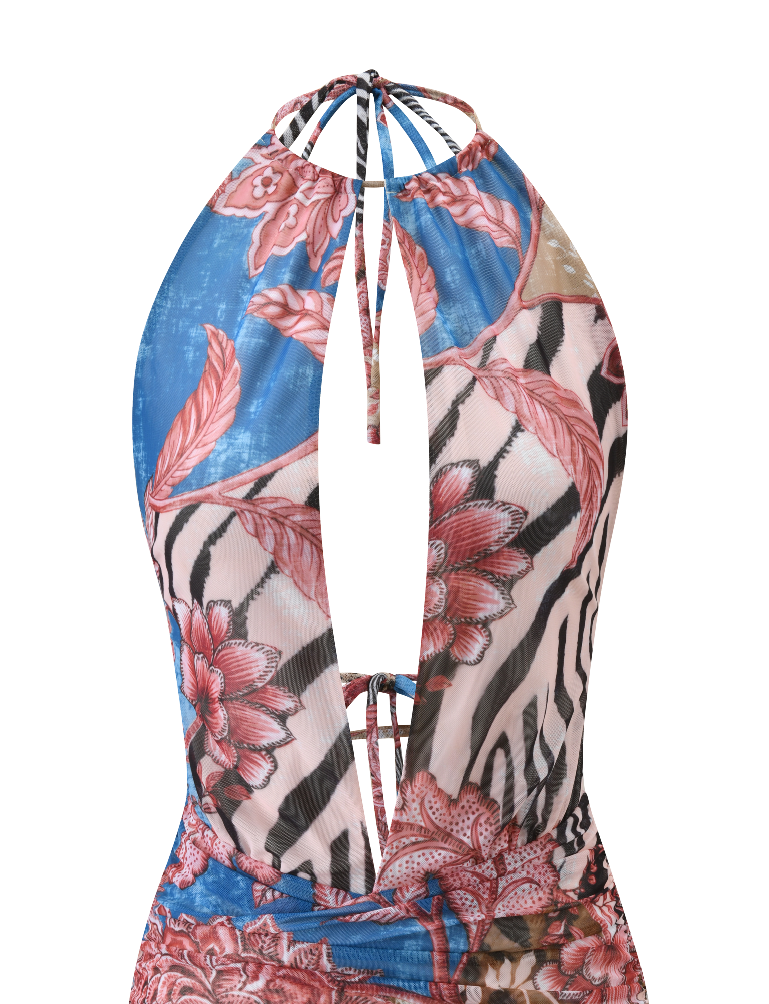 The TIGERMIST EVANNA DRESS 2.0 - GLOBAL ANIMAL FLORAL is a halter-neck mini dress with a plunging neckline, vibrant floral and zebra prints in blue, pink, red, and beige, and tie closures at the neck and back.