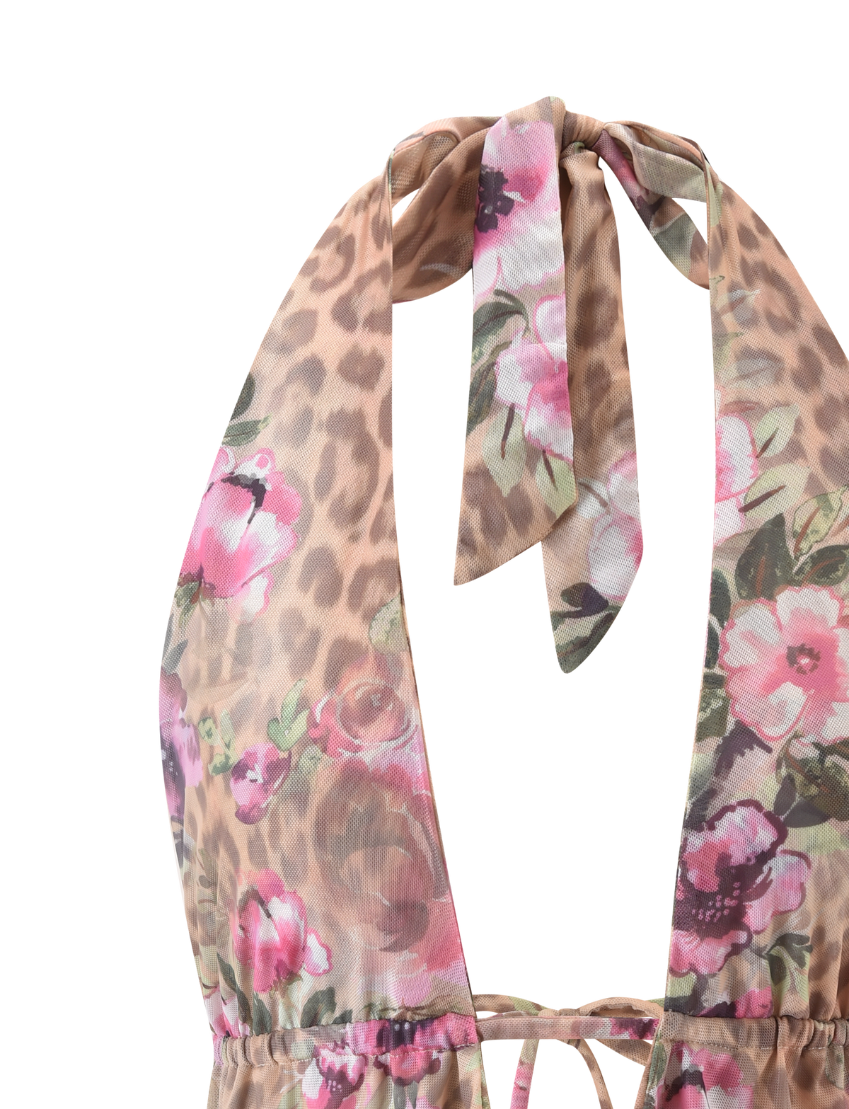 A close-up of the RISA TOP – LEOPARD FLORAL by TIGERMIST, a mesh halter with neckline tie, featuring a bold pink and leopard floral print on a light background.