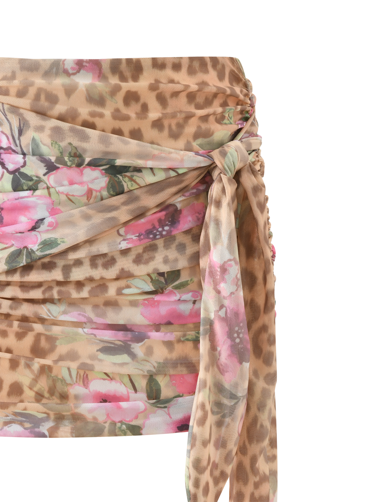 The TIGERMIST RISA MINI SKIRT - LEOPARD FLORAL is a mesh mini skirt with a knotted detail, showcasing a mixed leopard and pink floral print on lightweight fabric.