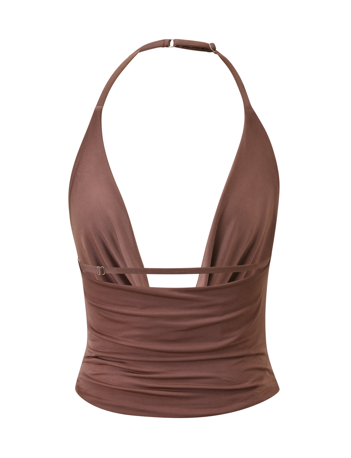 The TIGERMIST THARA TOP - CHOCOLATE is a brown halter-neck top with a deep V-neckline, adjustable chest strap, and ruched fitted design in silky-soft fabric, shown on a plain white background.