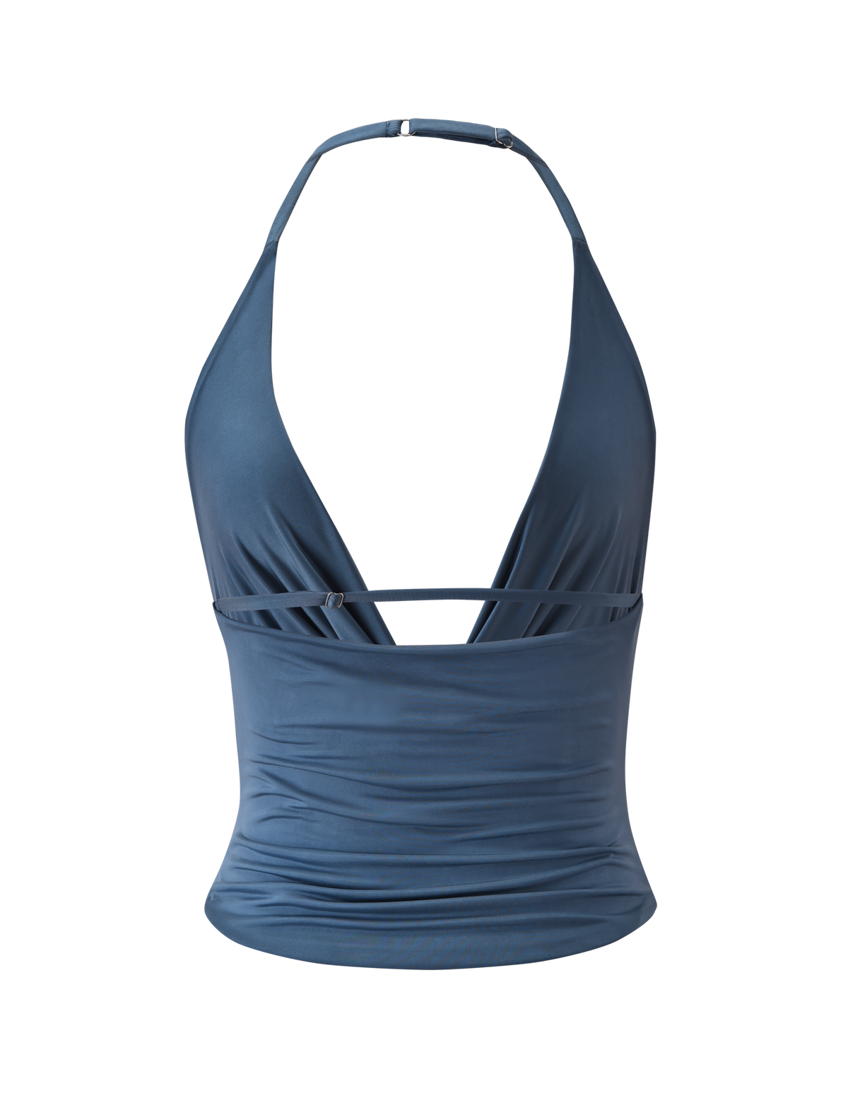 The TIGERMIST THARA TOP in Slate Blue is a halter-neck, sleeveless style with a plunging cowl neck, strappy open back, and a thin horizontal midsection strap. Shown against a plain white background.