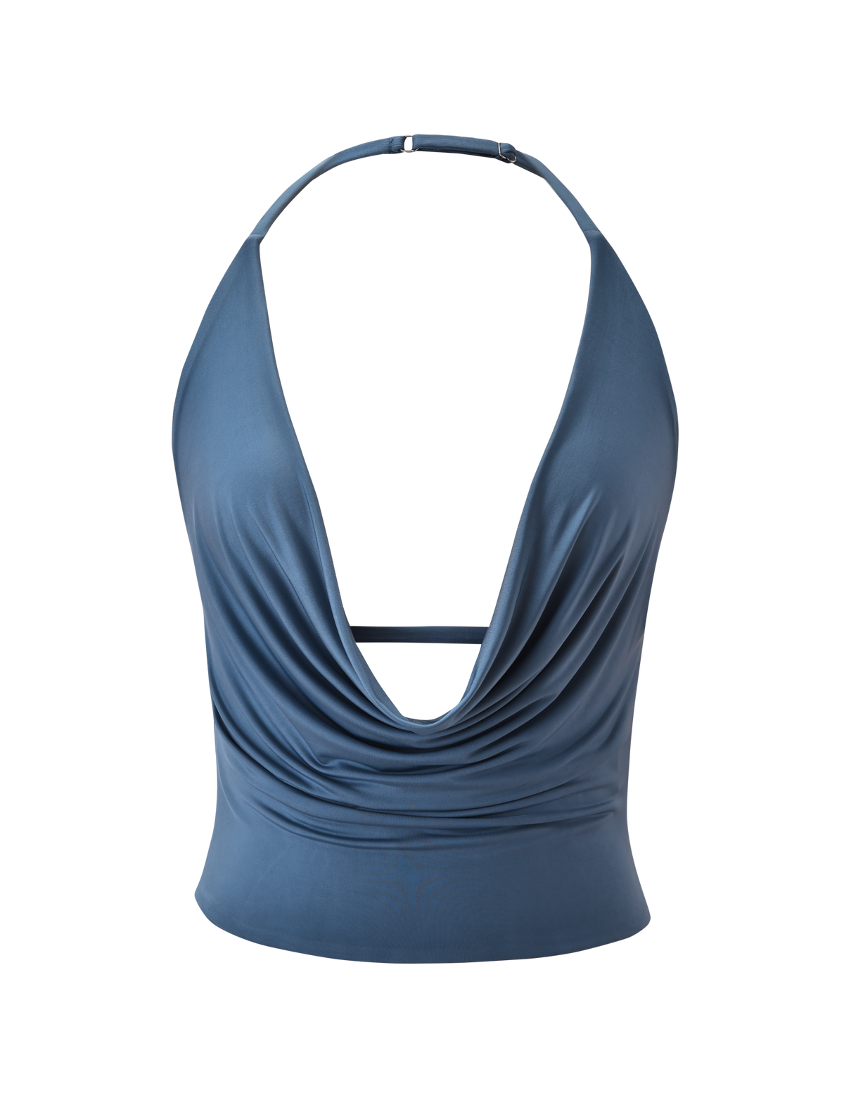 The THARA TOP by TIGERMIST is a slate blue, sleeveless halter top with a plunging cowl neck, strappy open back featuring a thin strap across the upper back, and a fitted waist.