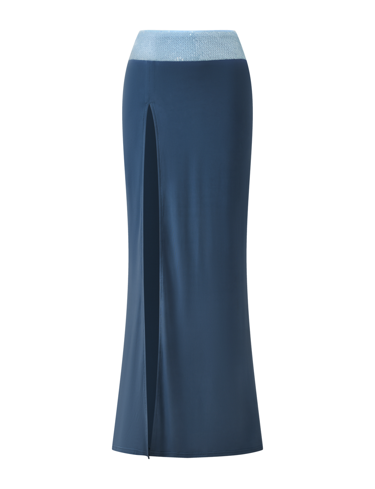 The TIGERMIST THARA MAXI SKIRT in slate blue features a thigh-high slit, sparkling sequin waistband, and ankle-length design, shown against a plain white background.