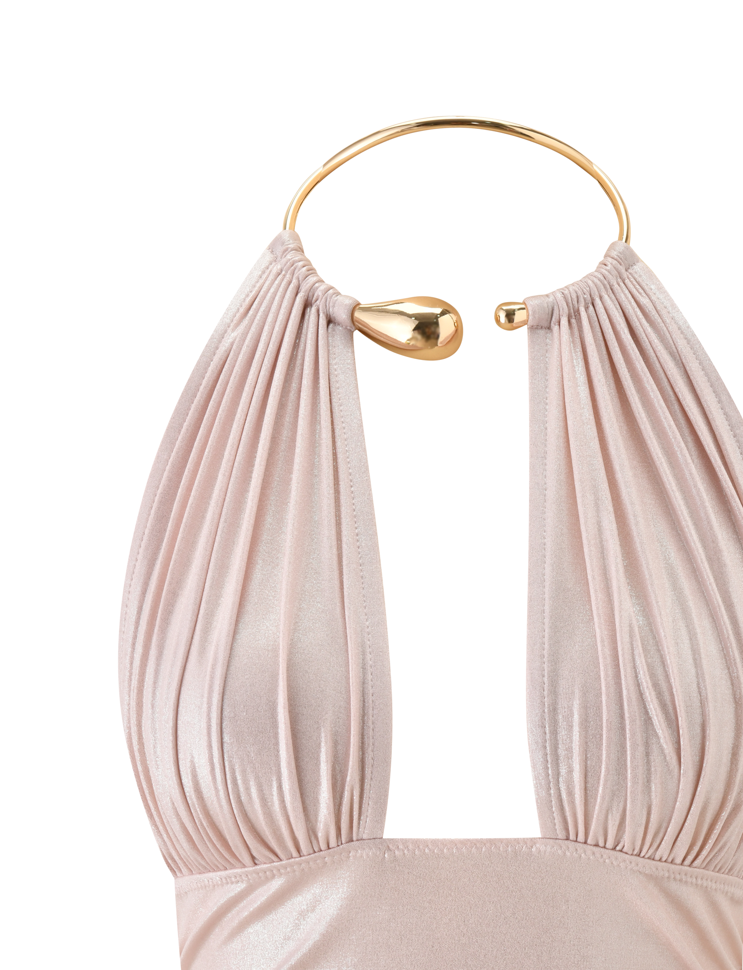 Close-up of the TIGERMIST VIANNA TOP in baby pink, featuring shimmering pleated metallic fabric gathered onto a gold choker collar with a teardrop clasp, and a ruched waist, shown against a plain white background.