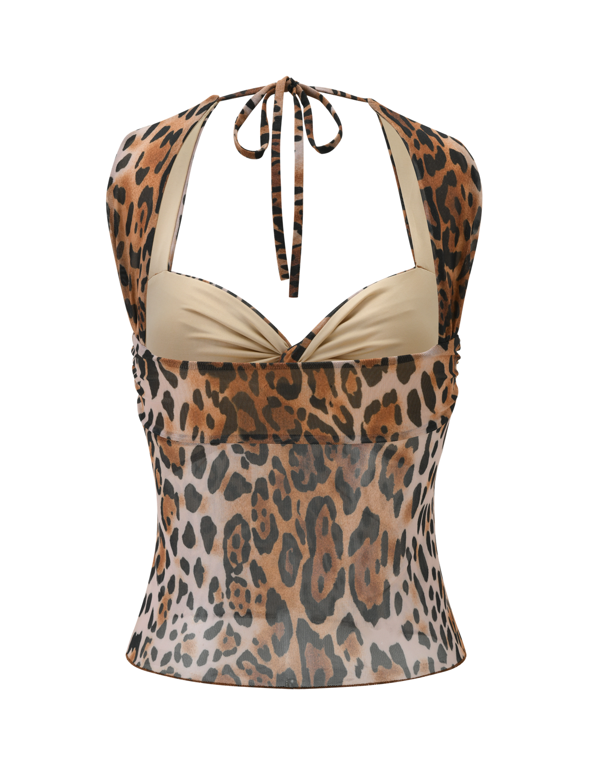 The AZALEA TWIST TOP - LEOPARD by TIGERMIST features a sleeveless halter neck, twist front, brown and black leopard print, beige bra-style cups, tie-back neck, and semi-sheer mesh fabric, shown on a white background.