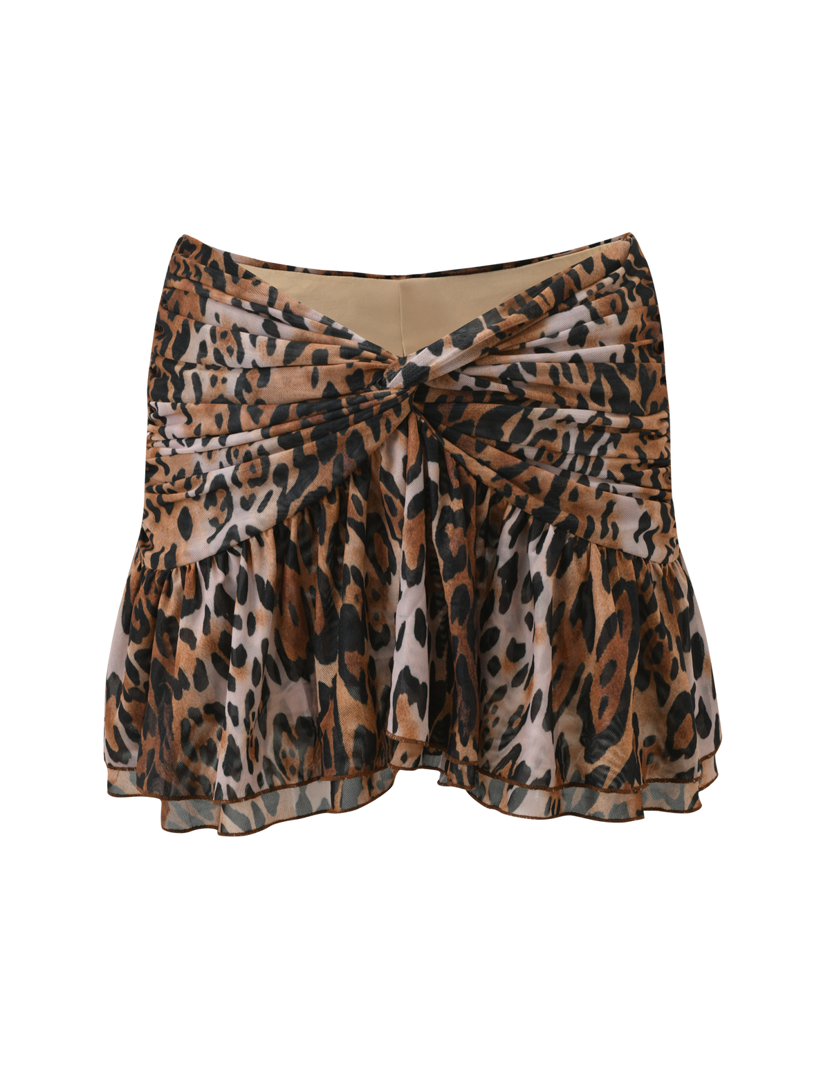 The AZALEA TWIST MINI SKIRT - LEOPARD by TIGERMIST features a playful tiered flounce hem, gathered waist, front twist detail, and is crafted from lightweight, semi-sheer fabric.