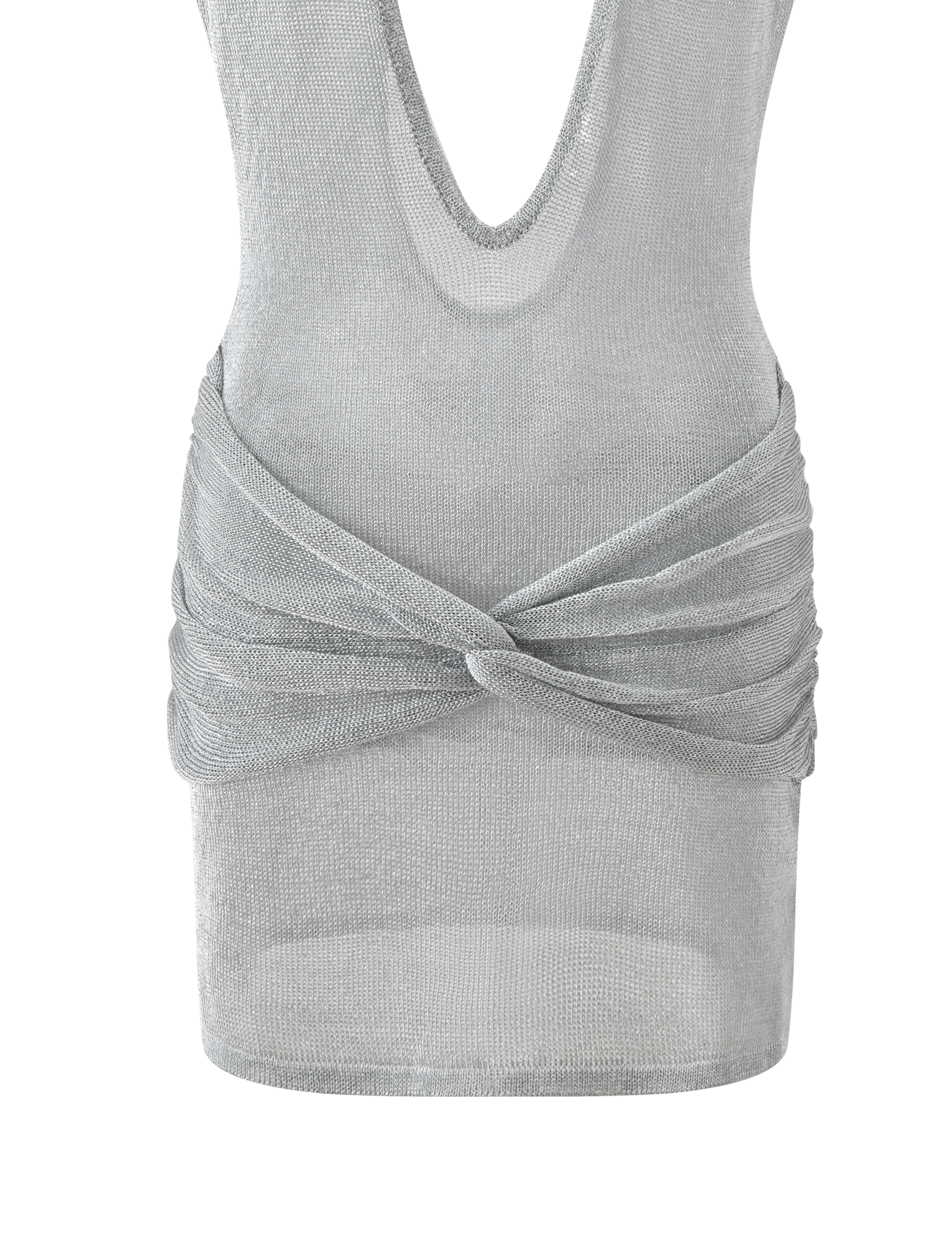 The ZOSIA MINI DRESS by TIGERMIST is a sleeveless silver knit mini with a deep V neckline, draped twisted drop waist, and sheer fitted fabric for a striking, alluring metallic look.
