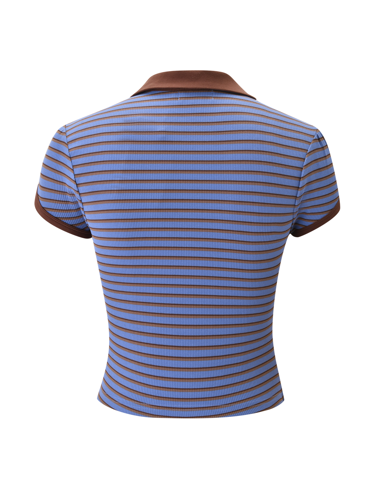 The KAYDIN TOP by TIGERMIST features thin horizontal blue and brown stripes, a brown collar, and matching sleeve cuffs, shown from the back against a plain white background.