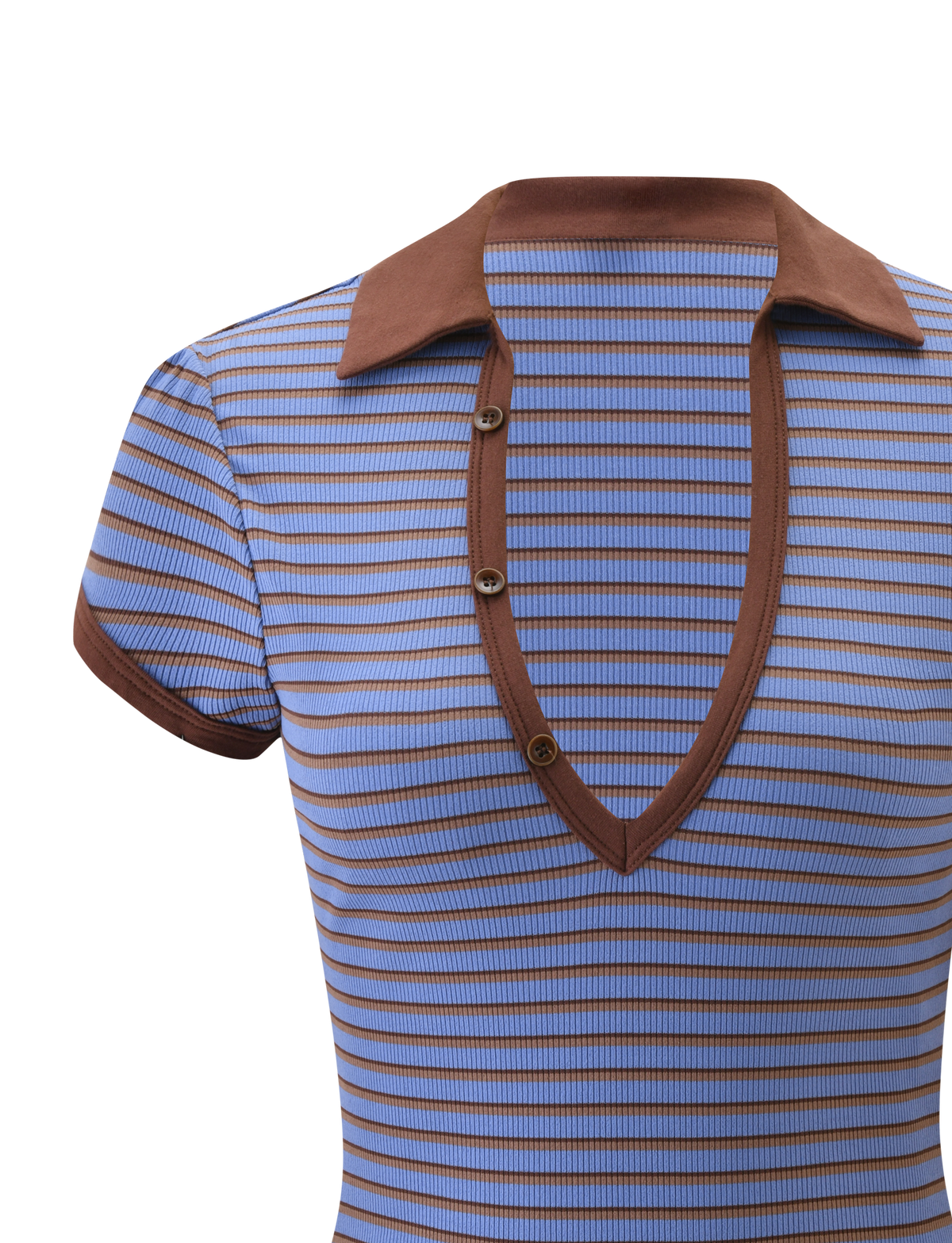 The image shows the upper part of the TIGERMIST KAYDIN TOP—a short-sleeve, rib knit shirt with blue and brown stripes, a brown-trimmed deep V-neck, brown collar, and three buttons—set against a white background.