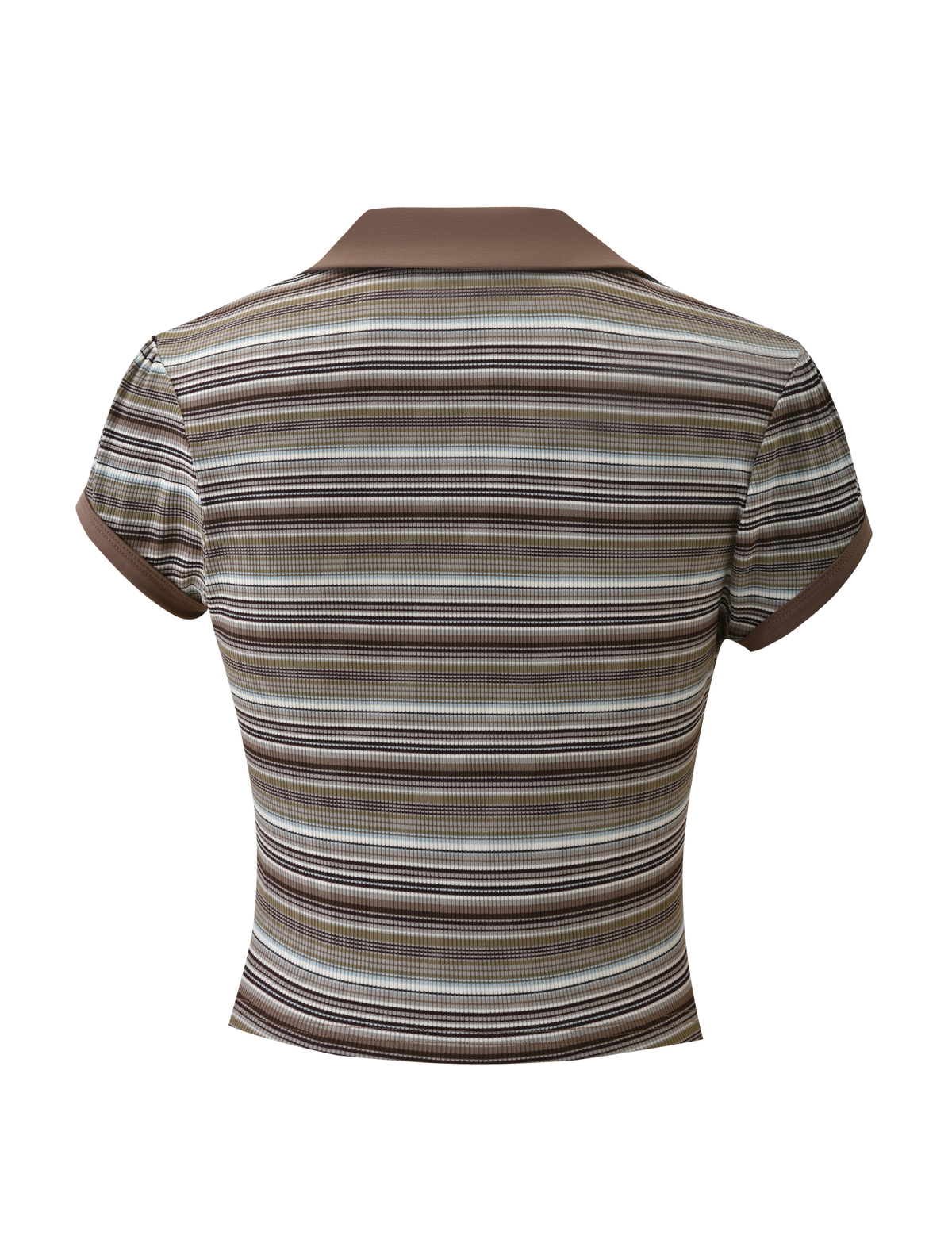The KAYDIN TOP - MULTISTRIPE by TIGERMIST is a collared, short sleeve v-neck shirt with horizontal brown, beige, and gray stripes, shown from the back against a white background.